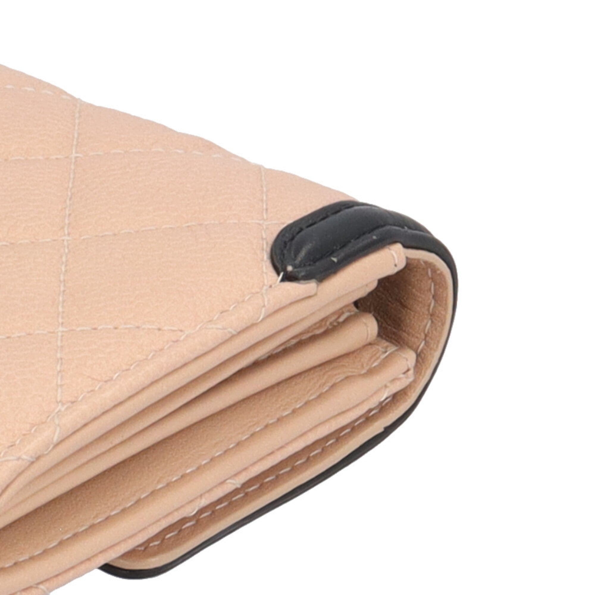 Chanel Beige Black Grained Calfskin Long Wallet (Bi-Fold) (Pre-Owned)