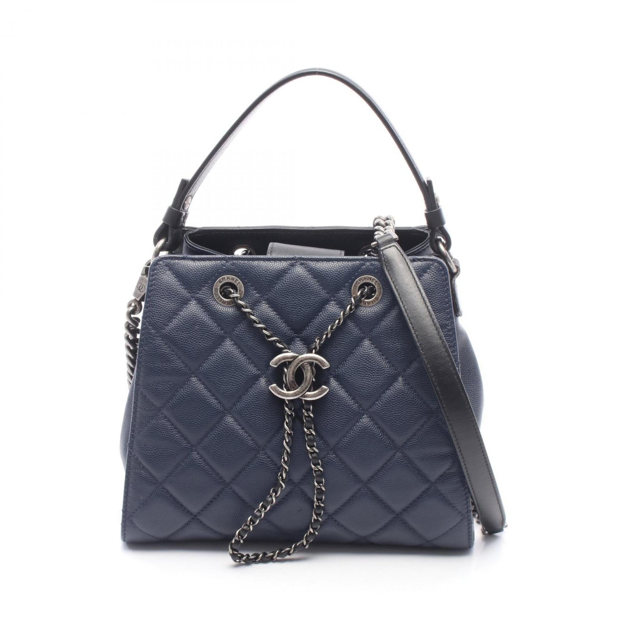 Chanel Black Navy Grained Calfskin Leather Handbag (Pre-Owned)