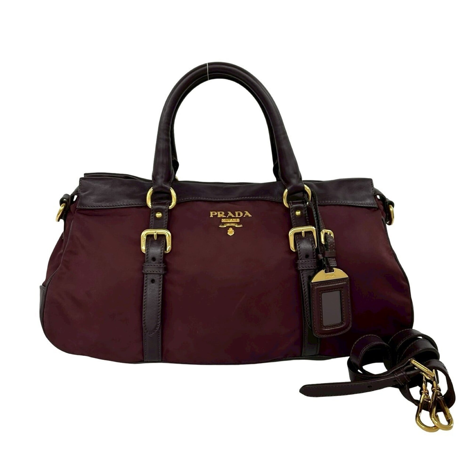 Prada Red Color Wine Leather Nylon Handbag Shoulder Bag (Pre-Owned)