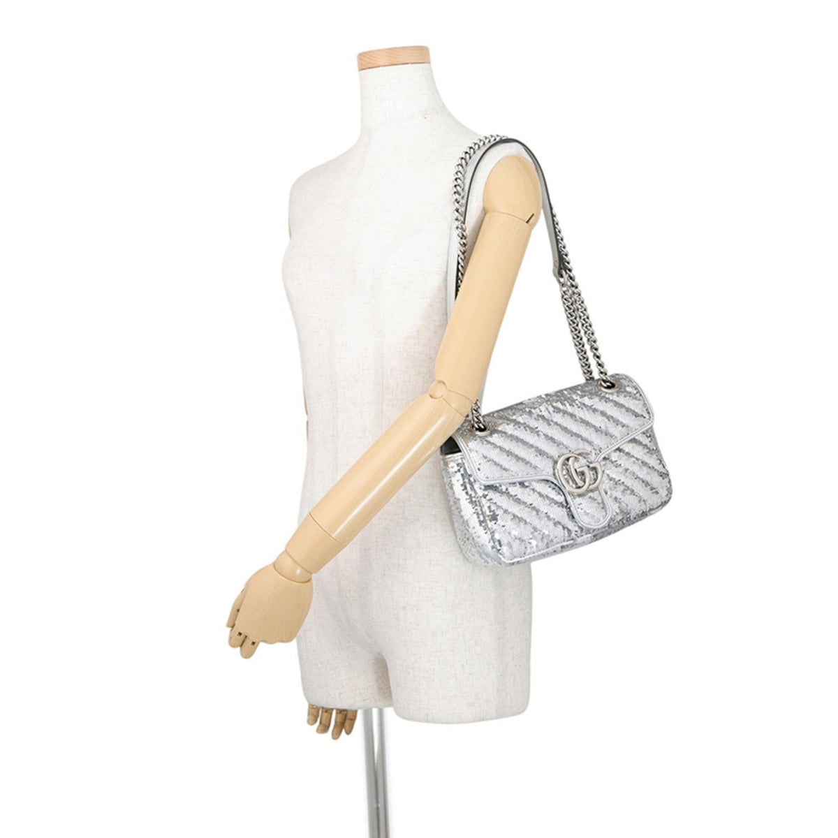 Gucci Gg Marmont Silver Spangles Leather Handbag Shoulder Bag (Pre-Owned)
