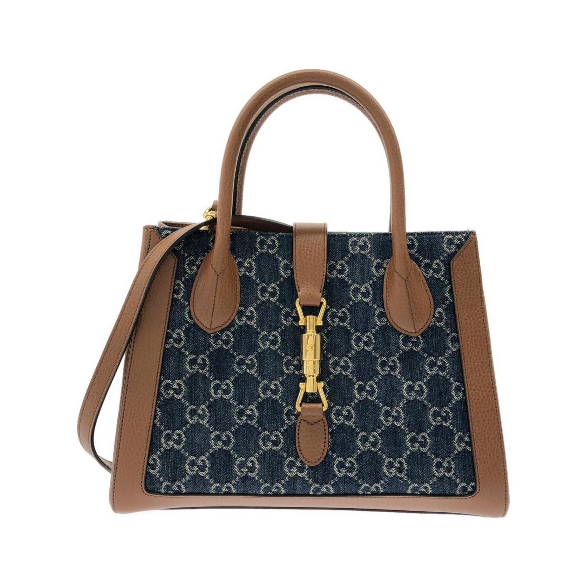 Gucci Brown Dark Blue Jacquard Denim Leather Handbag (Pre-Owned)