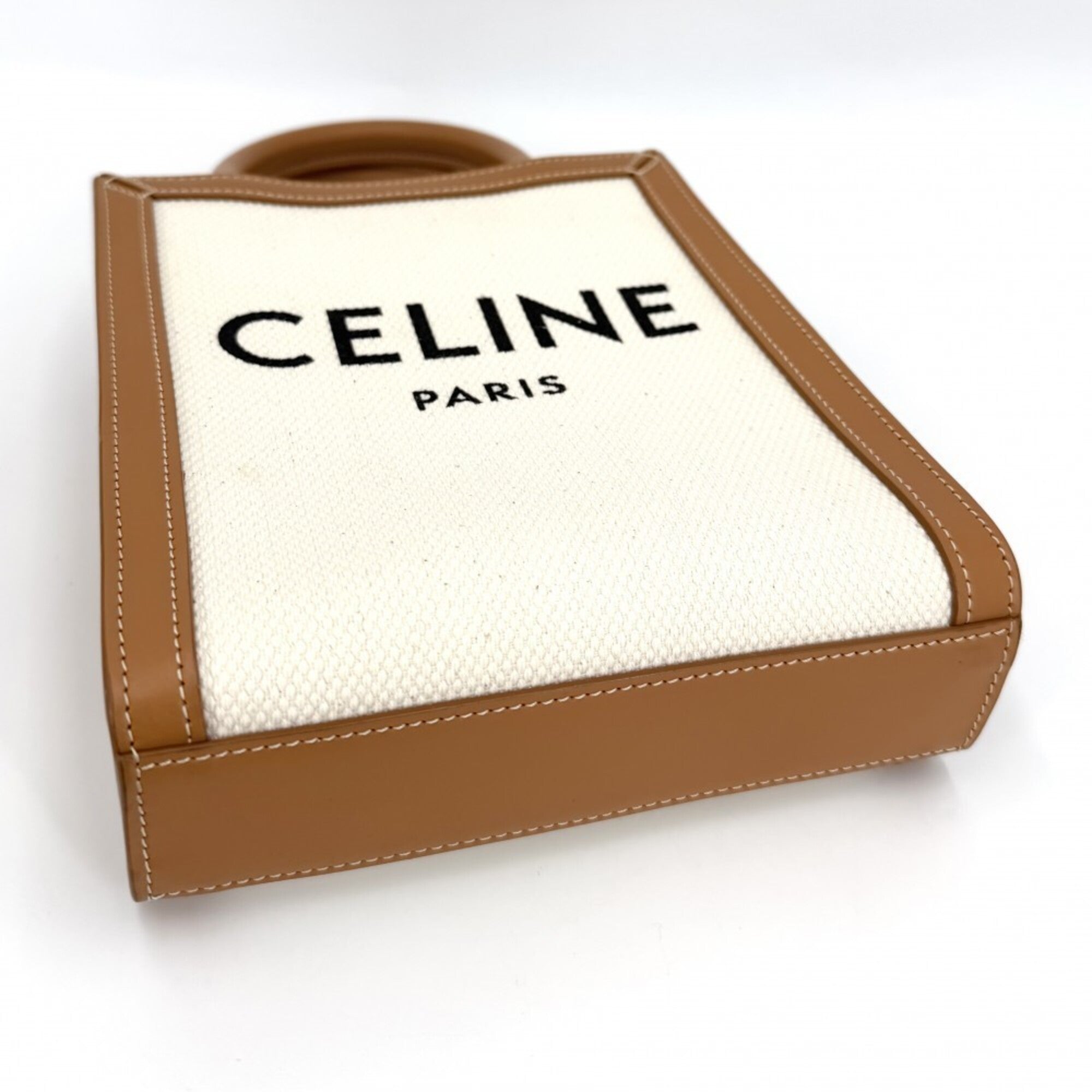 Celine Brown Ivory Canvas Leather Handbag Shoulder Bag (Pre-Owned)