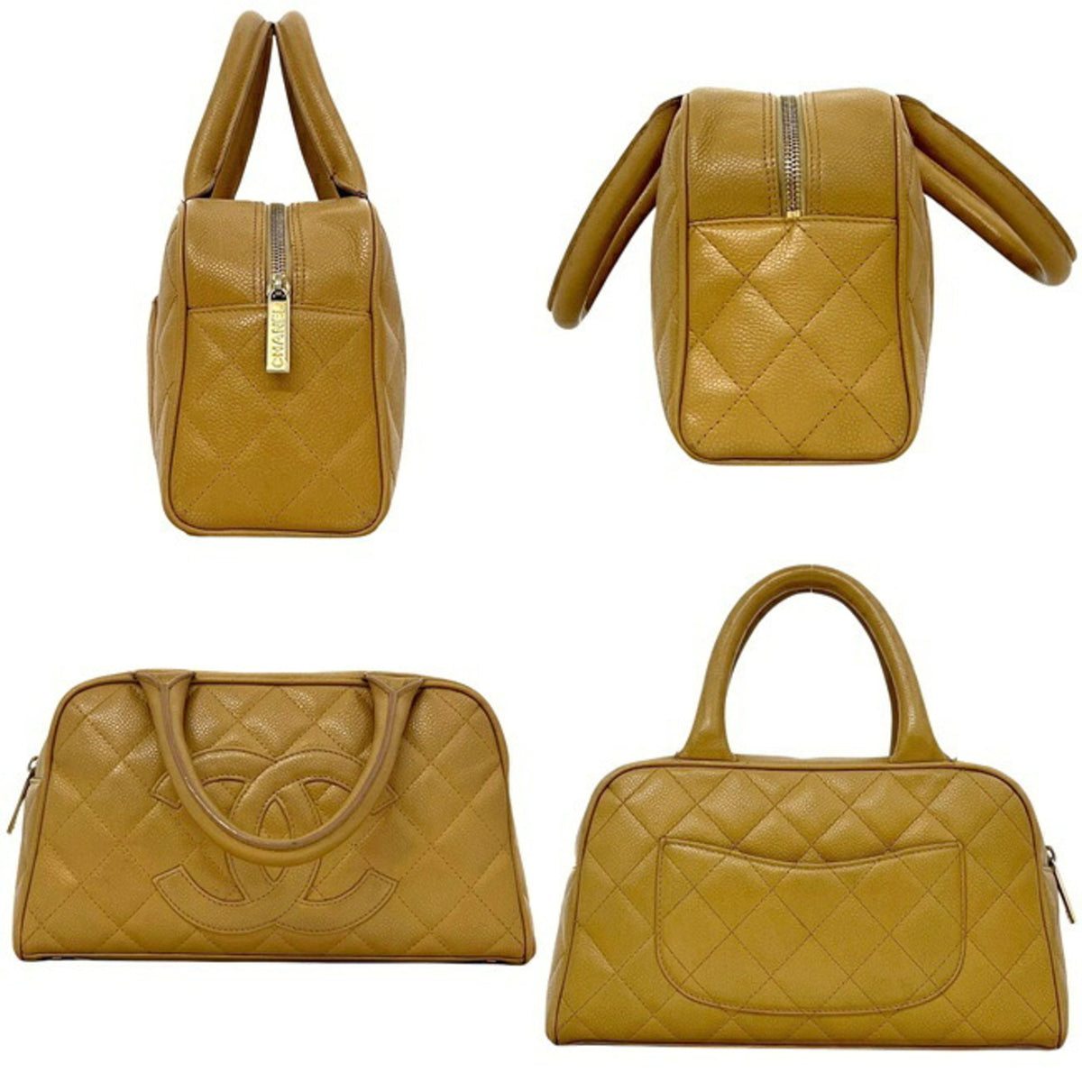 Chanel Beige Grained Calfskin Boston Bag Handbag (Pre-Owned)