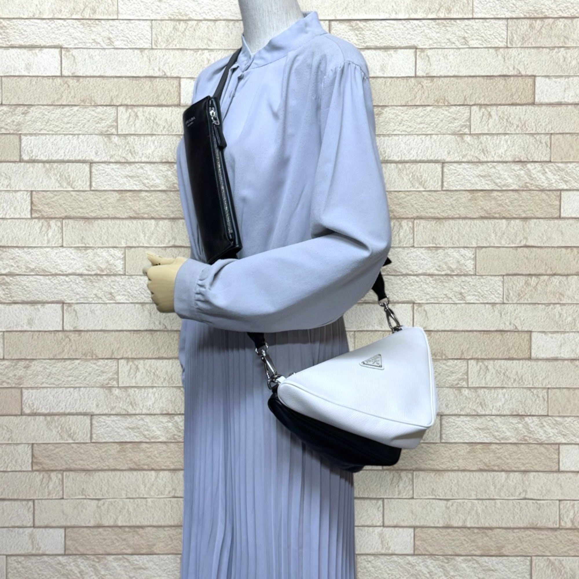 Prada Saffiano Black White Leather Shoulder Bag (Pre-Owned)