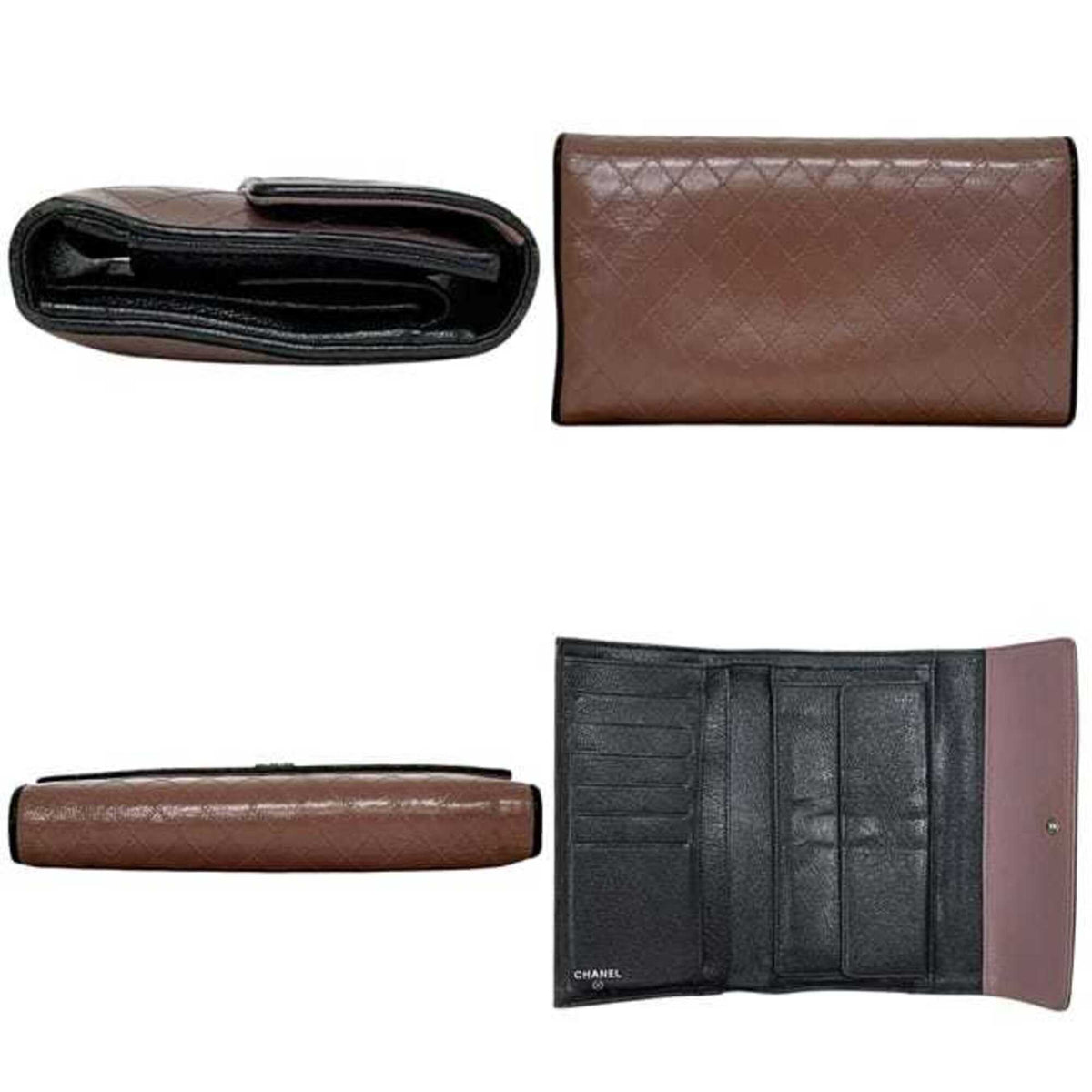 Chanel Black Pink Beige Leather Long Wallet (Tri-Fold) (Pre-Owned)