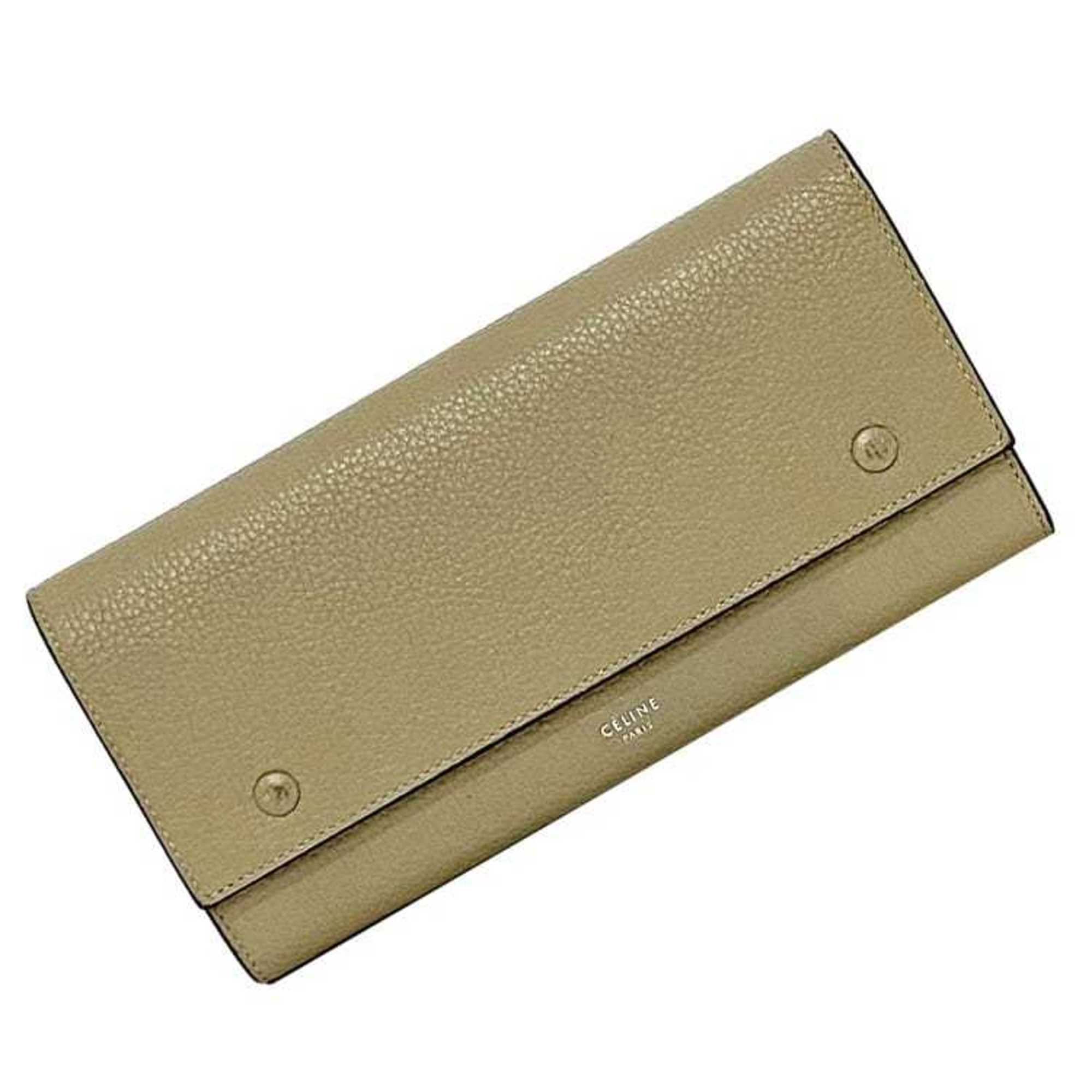 Celine Beige Red Color Leather Long Wallet (Bi-Fold) (Pre-Owned)