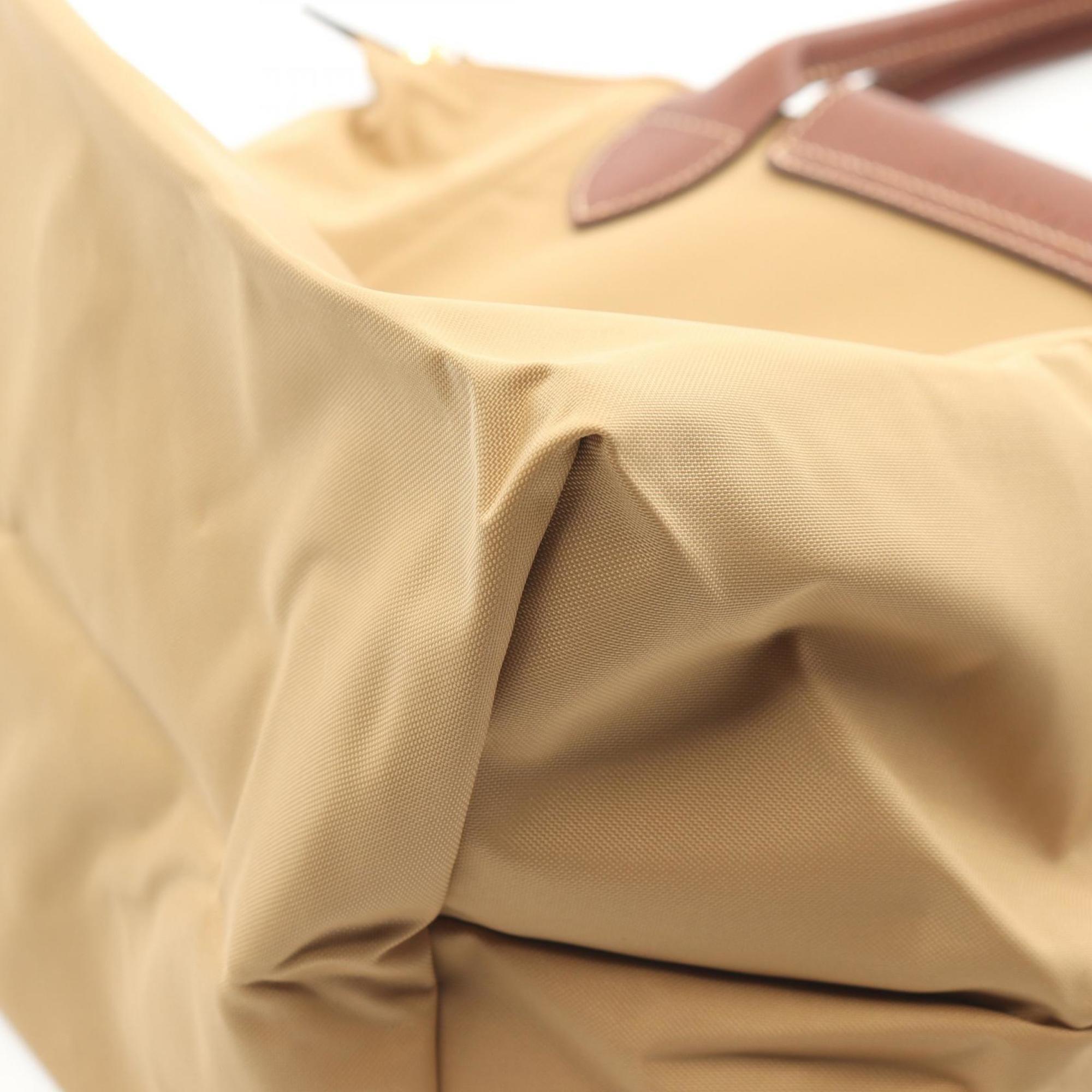 Longchamp Beige Brown Canvas Leather Tote Bag (Pre-Owned)