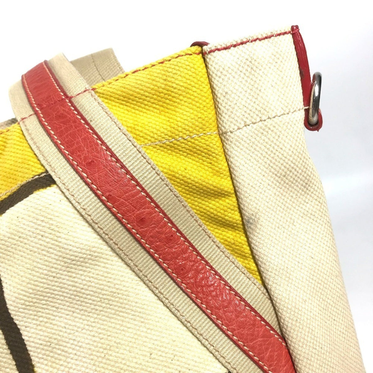 Prada Beige Red Color Yellow Leather Canvas Shoulder Bag Tote Bag (Pre-Owned)