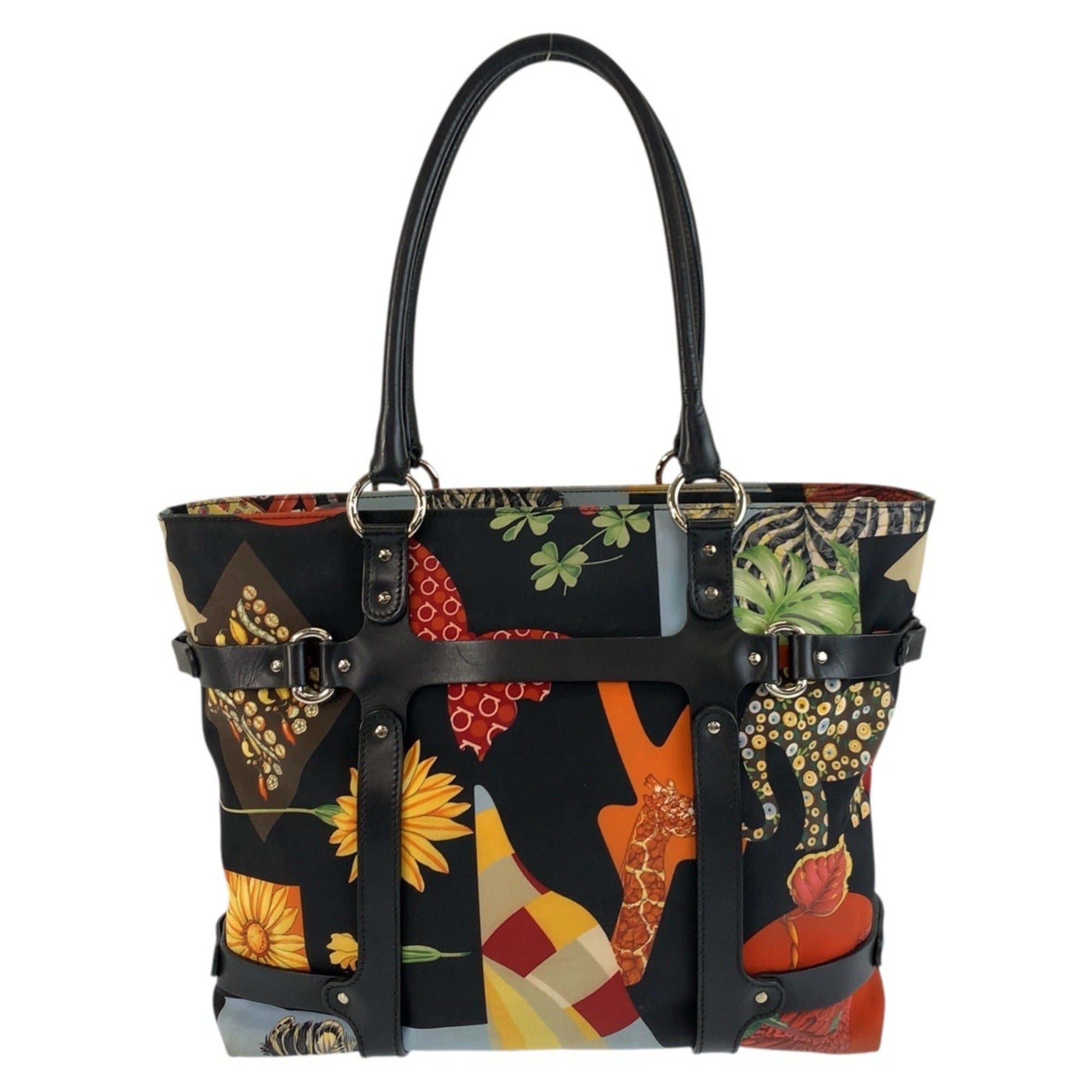 Salvatore Ferragamo Black Multi-Color Nylon Leather Shoulder Bag Tote Bag (Pre-Owned)