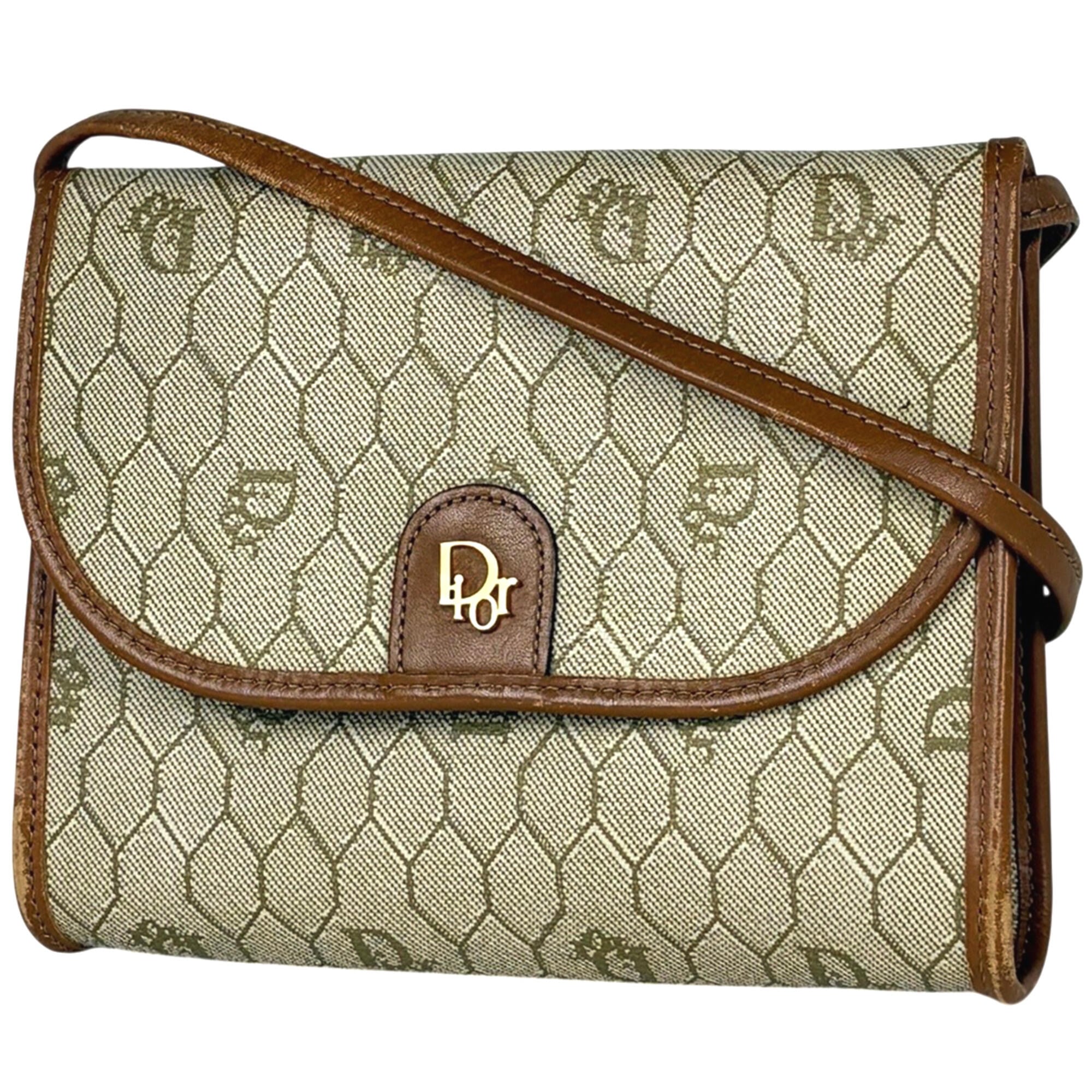 Christian Dior Beige Brown Coated Canvas Leather Pochette Shoulder Bag (Pre-Owned)