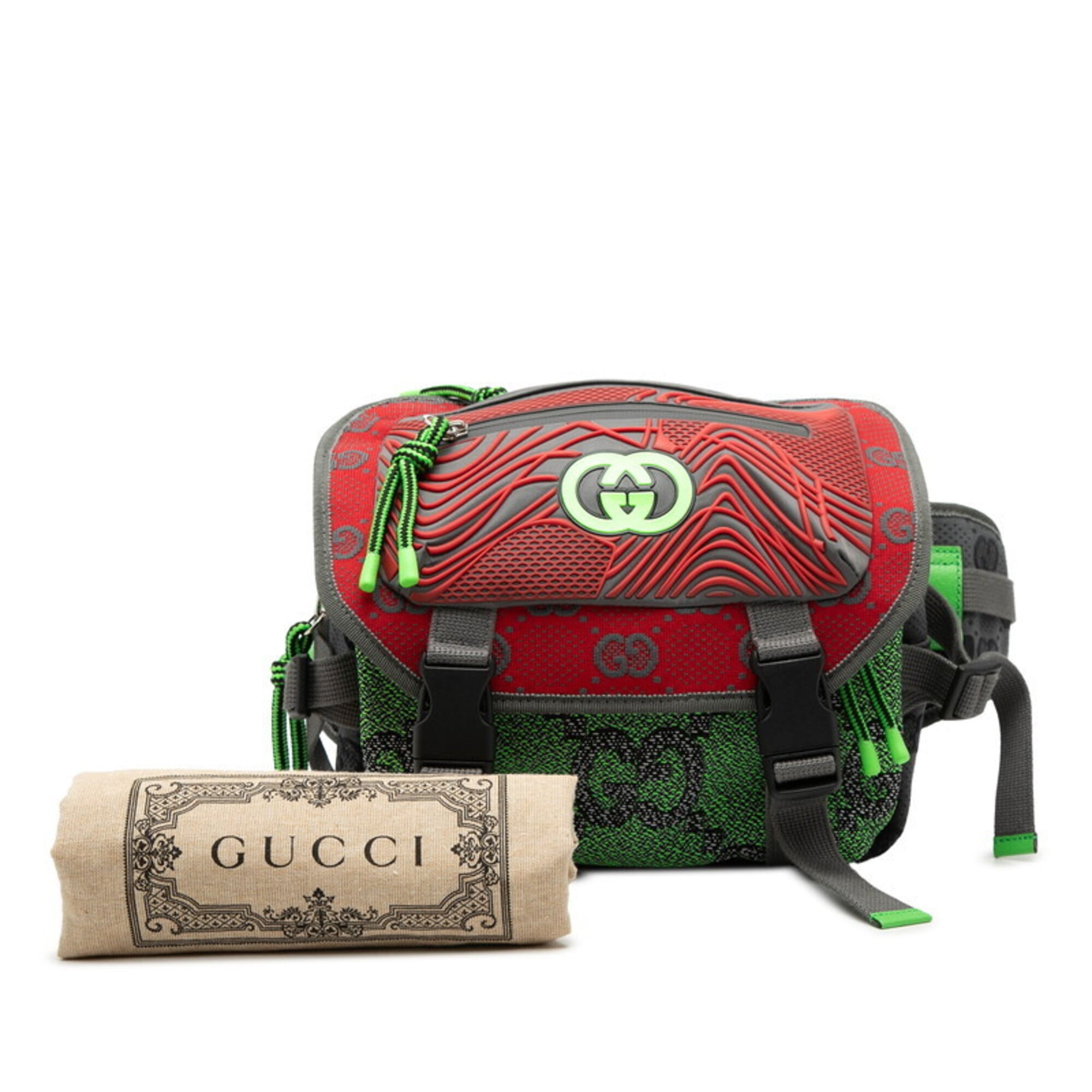 Gucci Gray Green Red Color Leather Rubber Canvas Sling Bag (Pre-Owned)