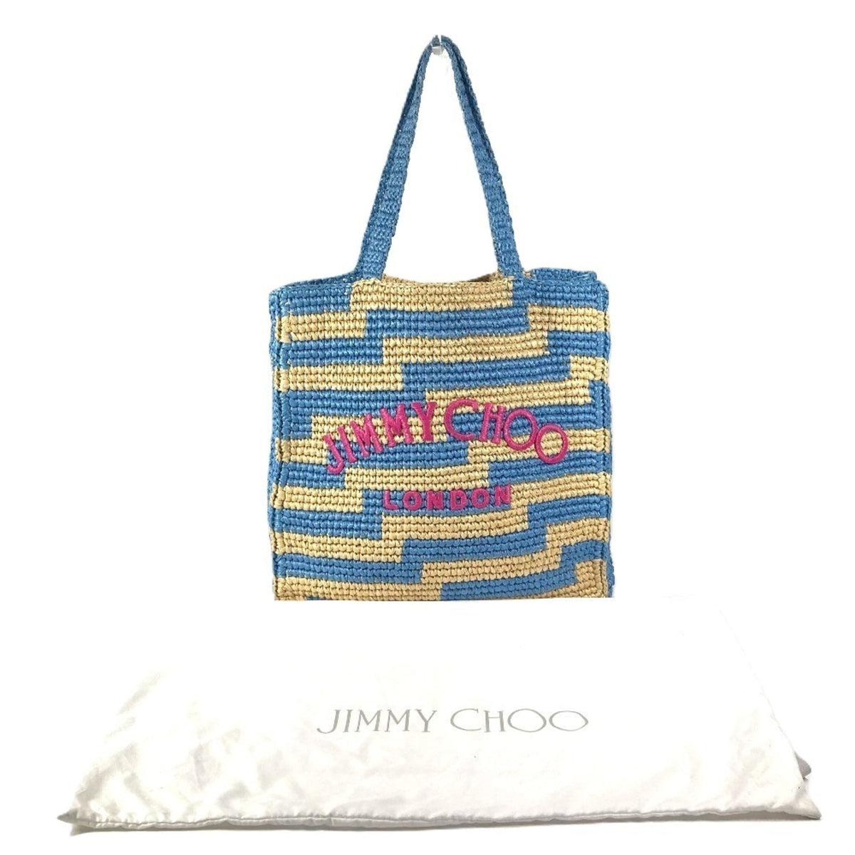 Jimmy Choo Beige Blue Pink Raffia Shoulder Bag Tote Bag (Pre-Owned)