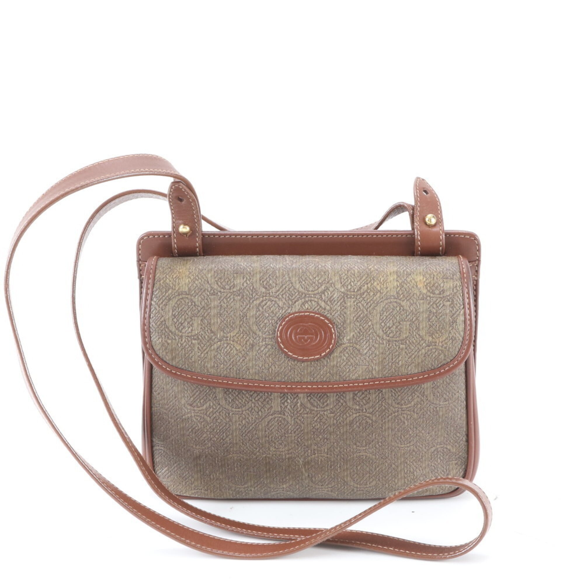 Gucci Brown Leather Canvas Shoulder Bag (Pre-Owned)