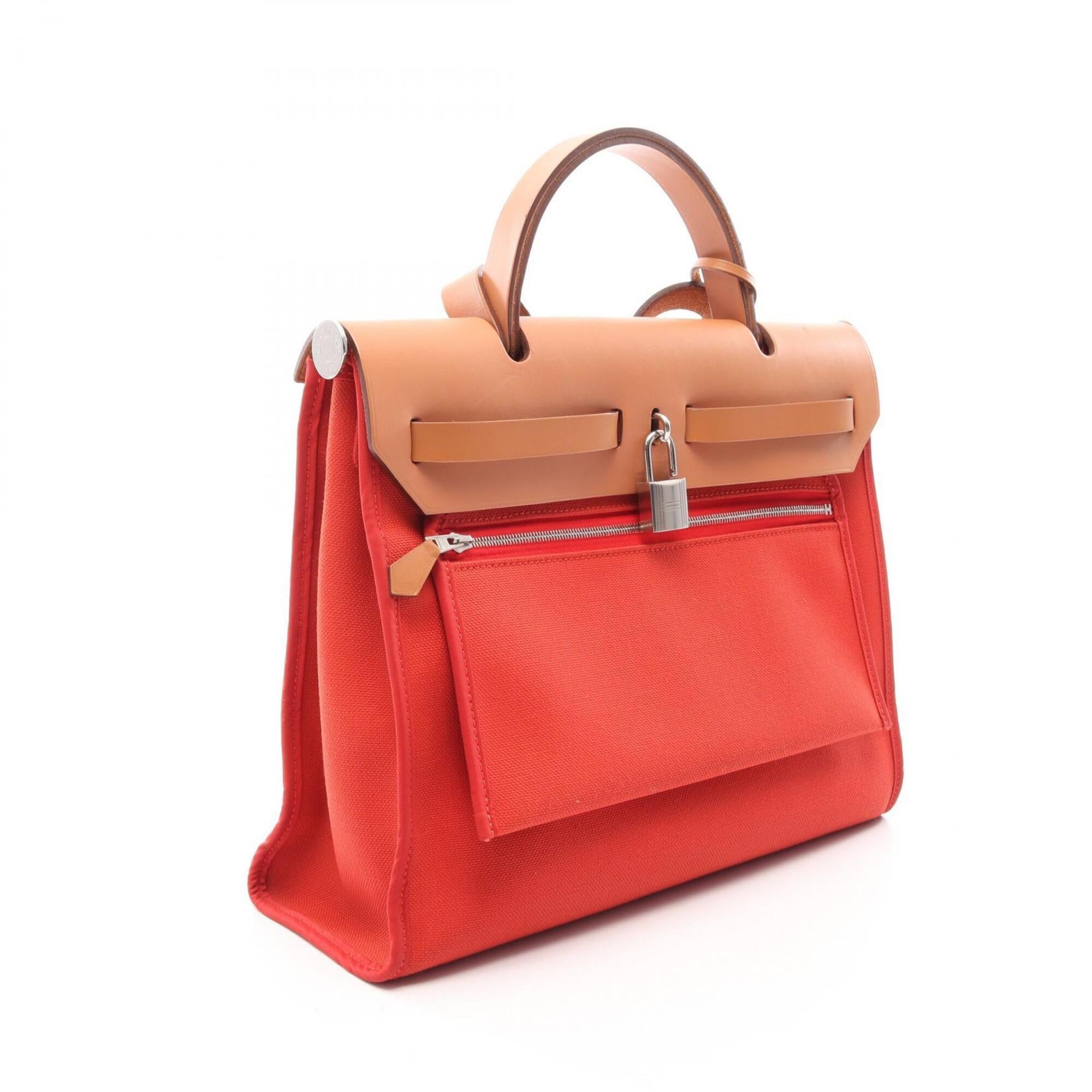 Hermes Brown Natural Red Color Canvas Leather Handbag (Pre-Owned)