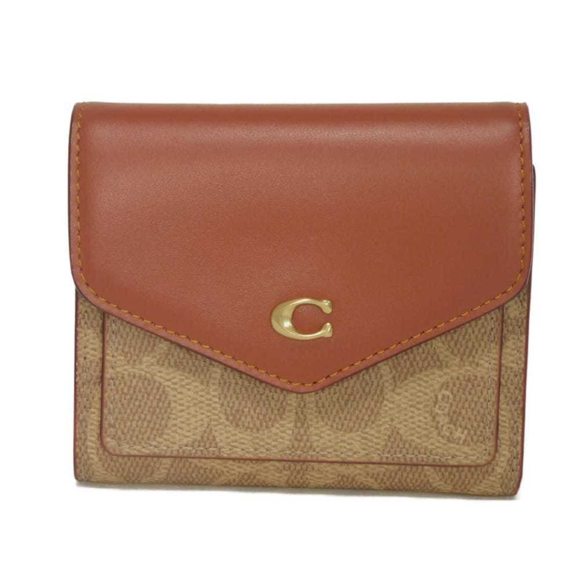 Coach Signature Beige Signature Line Coated Canvas Leather Wallet (Tri-Fold) (Pre-Owned)