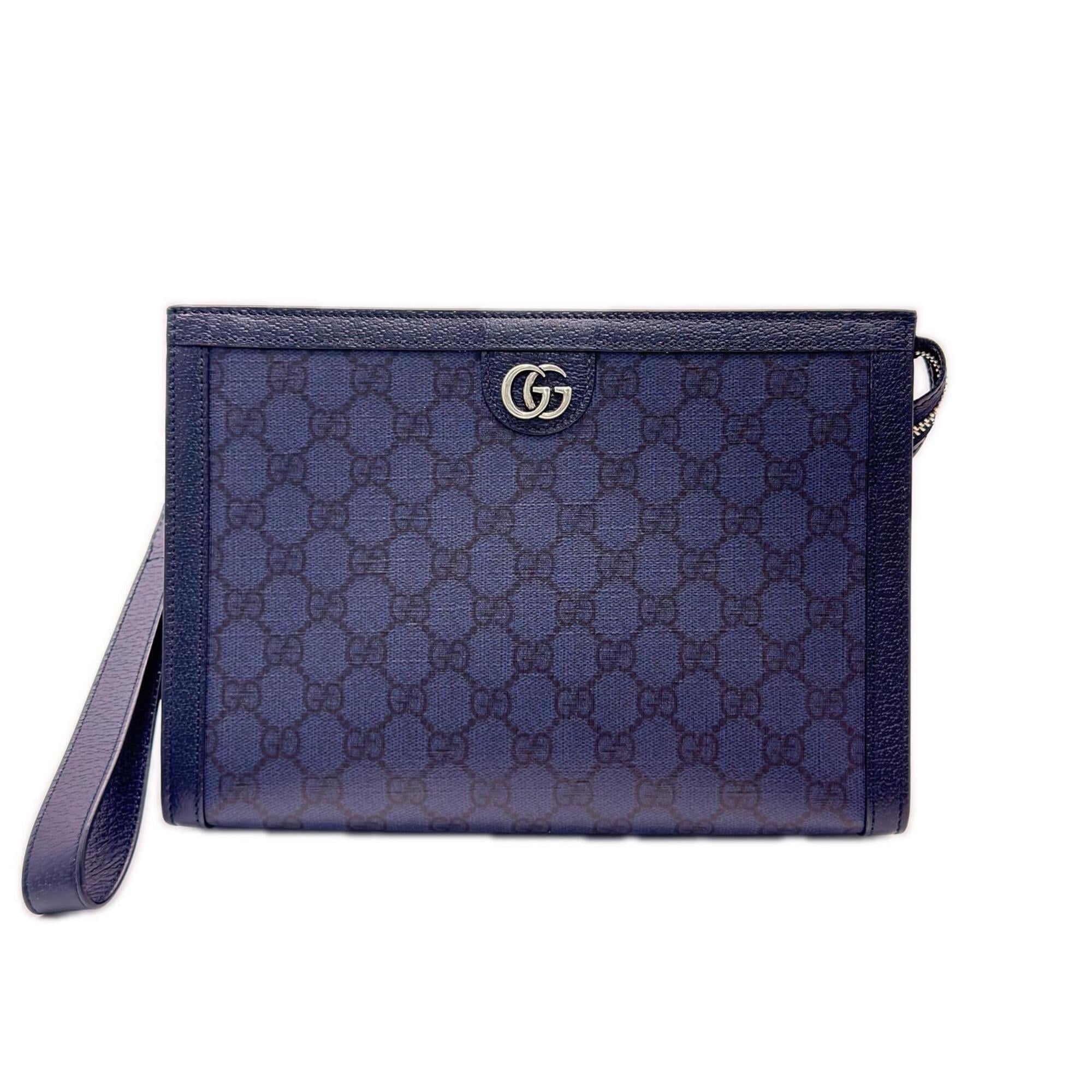 Gucci Navy Coated Canvas Leather Clutch Bag (Pre-Owned)