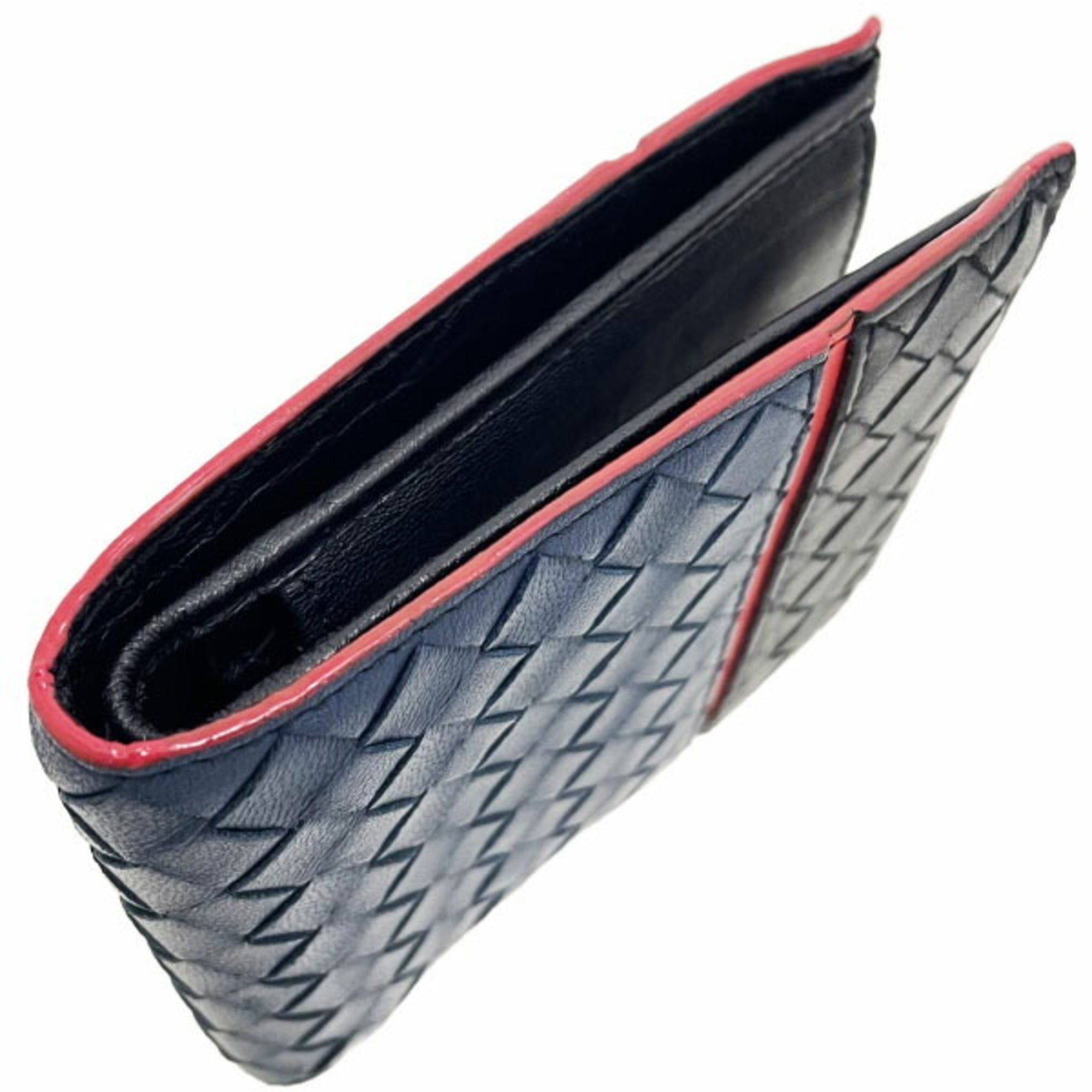 Bottega Veneta Intrecciato Black Navy Red Color Leather Wallet (Bi-Fold) (Pre-Owned)