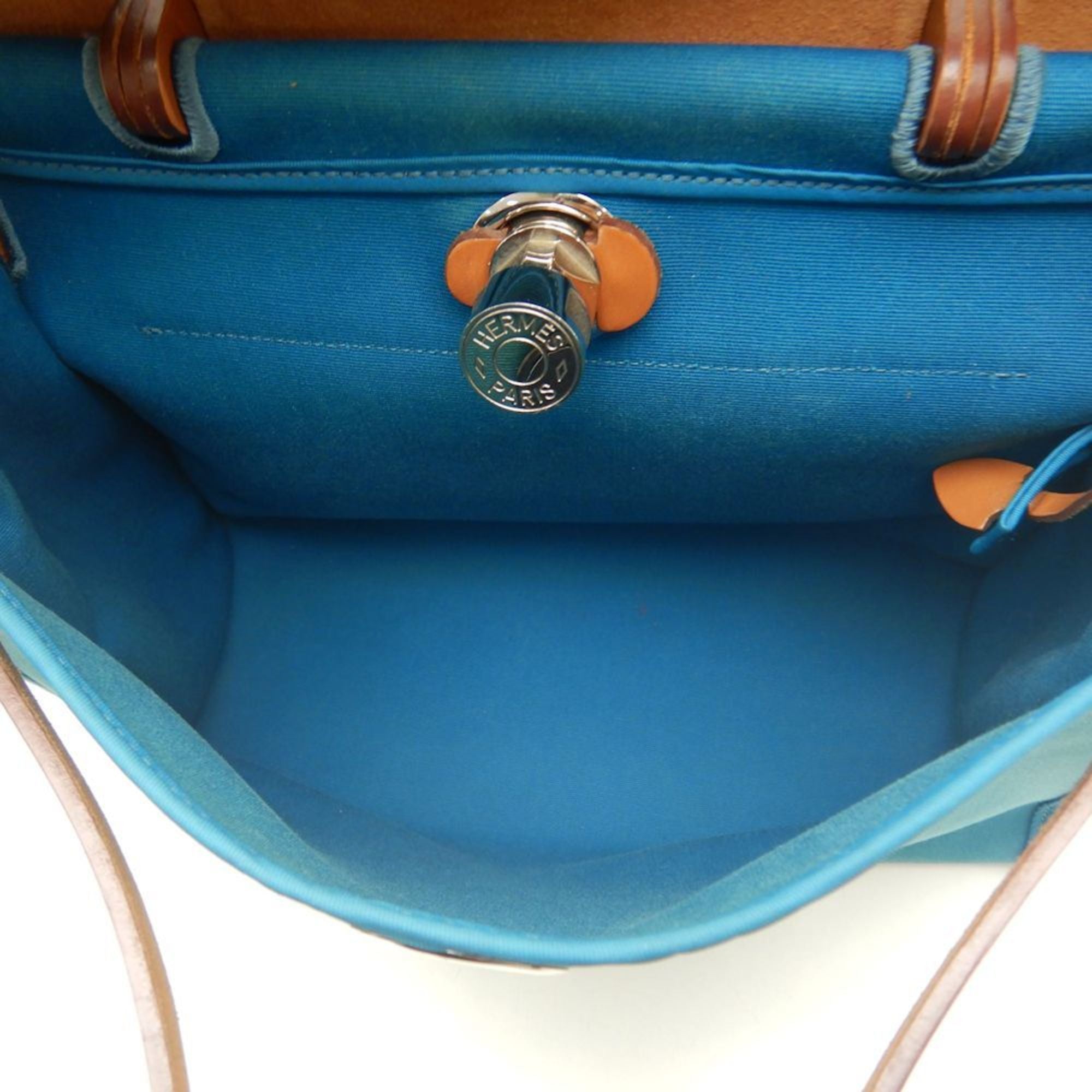 Hermes Her Bag Turquoise Blue Toile Officier Leather Handbag (Pre-Owned)