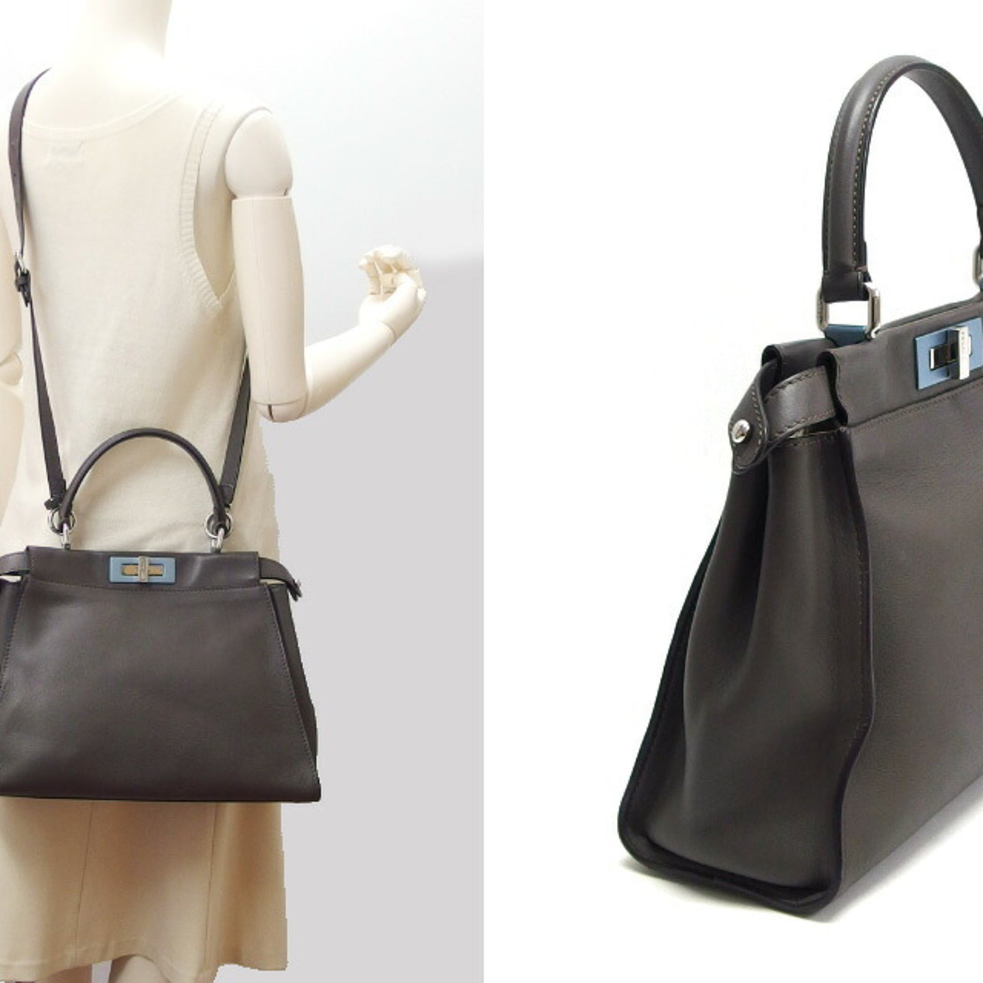 Fendi Peekaboo Gray Leather Handbag Shoulder Bag (Pre-Owned)