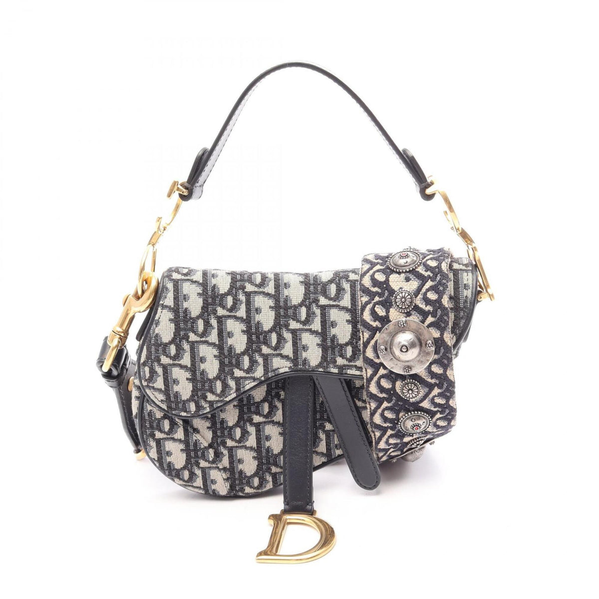 Christian Dior Beige Navy Canvas Leather Handbag Saddle Bag (Pre-Owned)