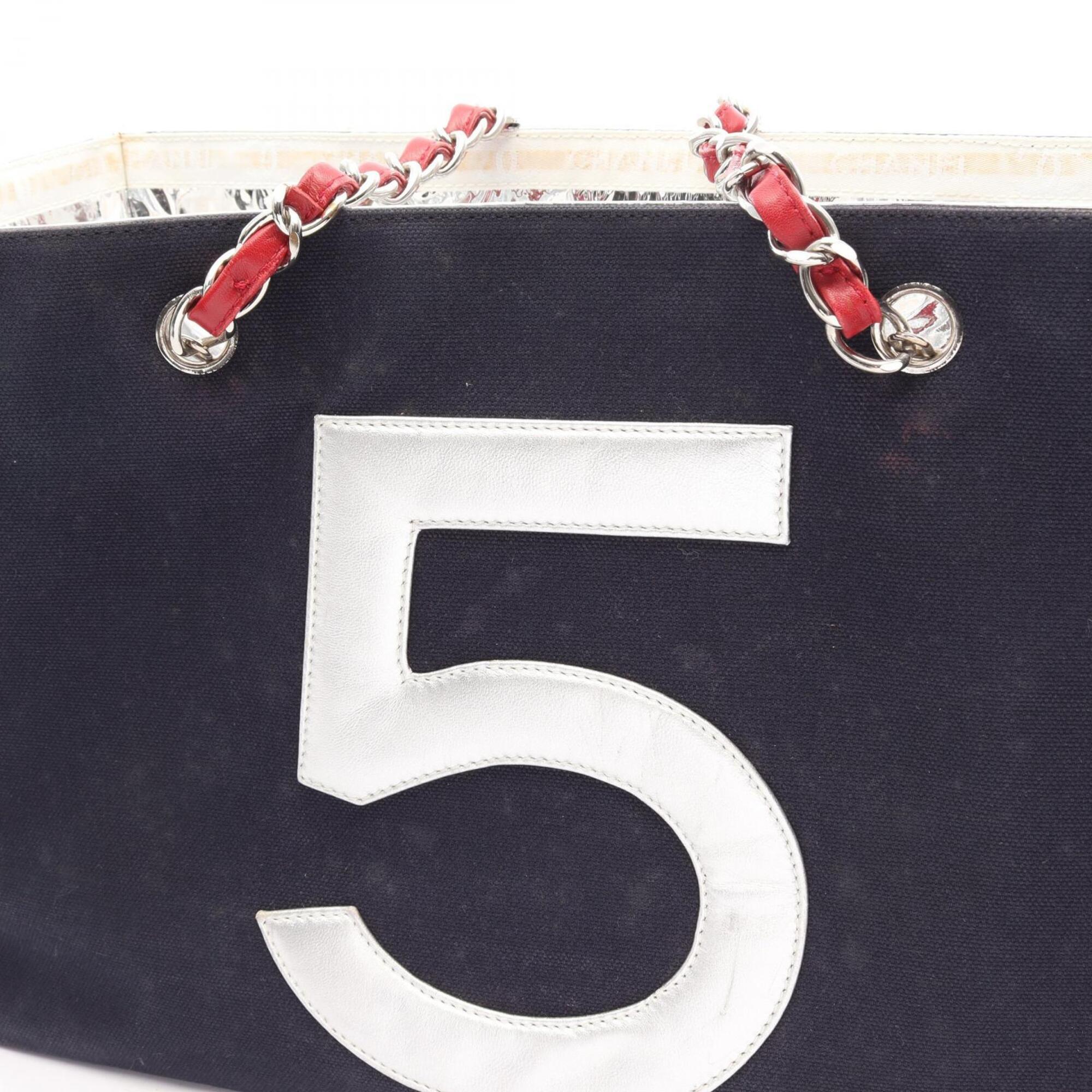 Chanel Navy Red Color Silver Canvas Leather Handbag Tote Bag (Pre-Owned)