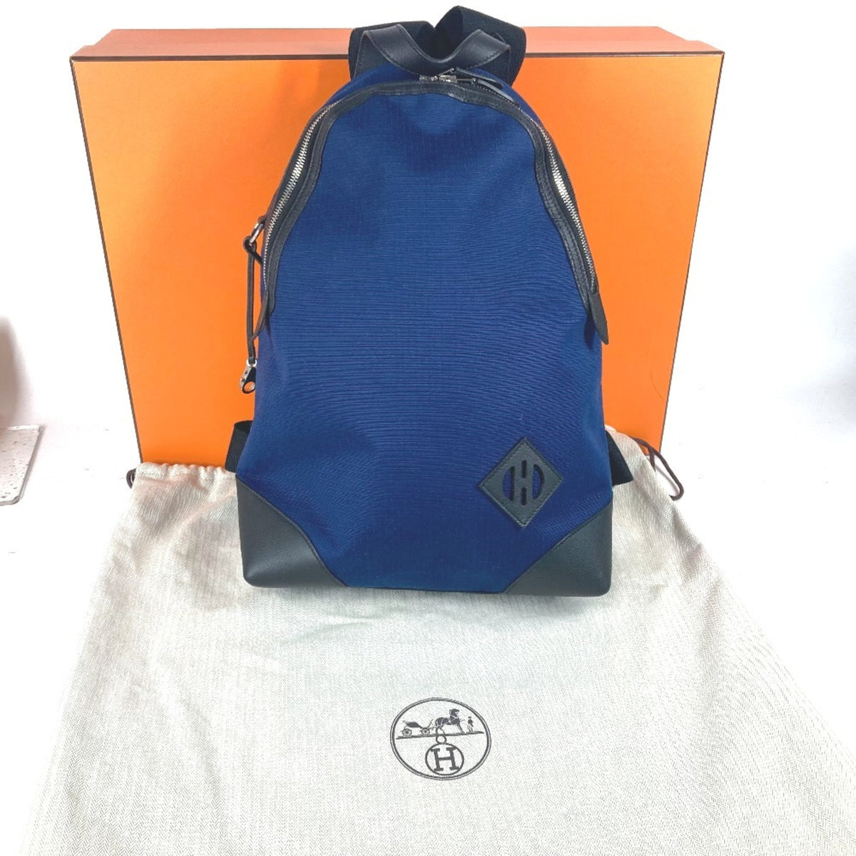 Hermes Black Blue Canvas Leather Backpack (Pre-Owned)