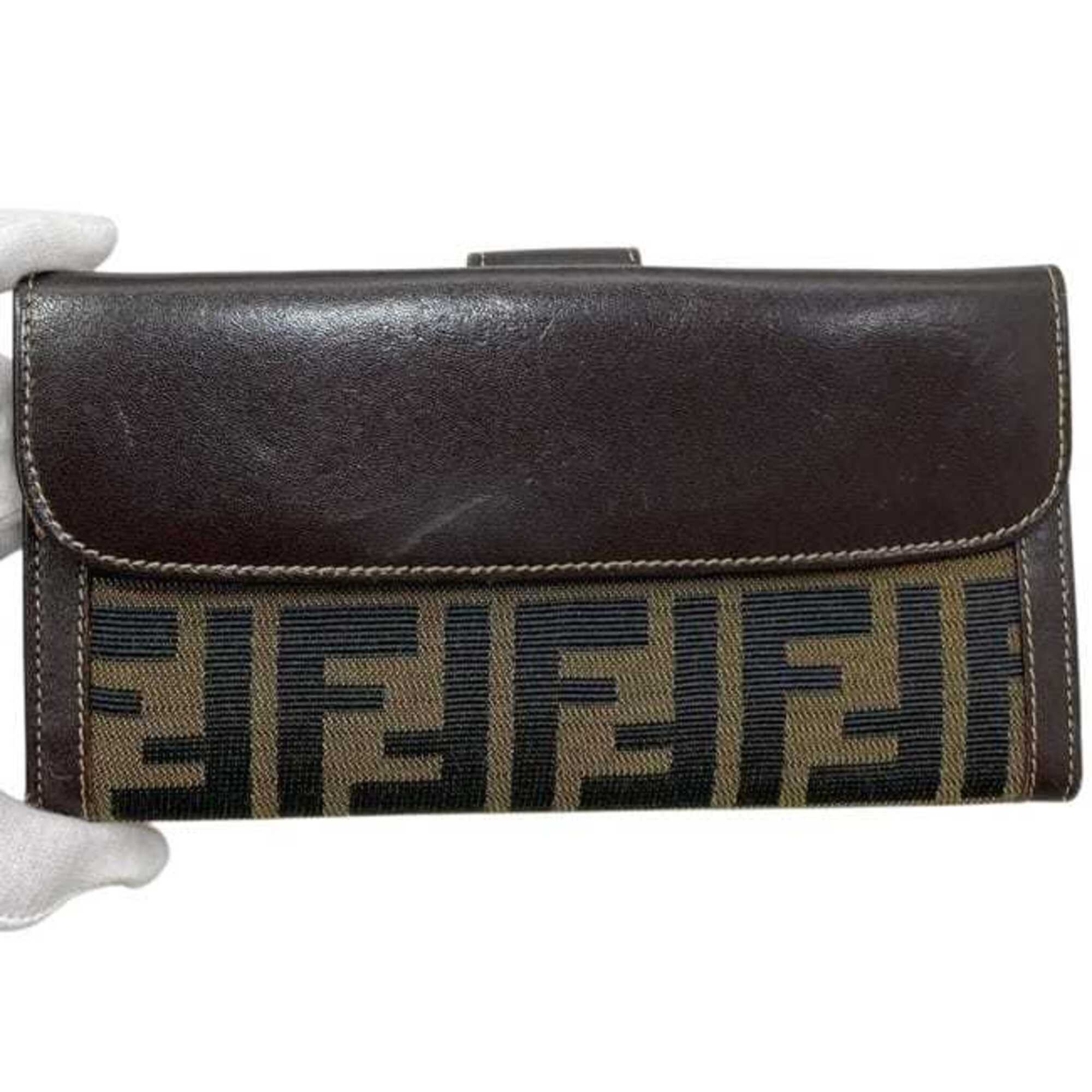 Fendi Brown Khaki Canvas Leather Long Wallet (Bi-Fold) (Pre-Owned)