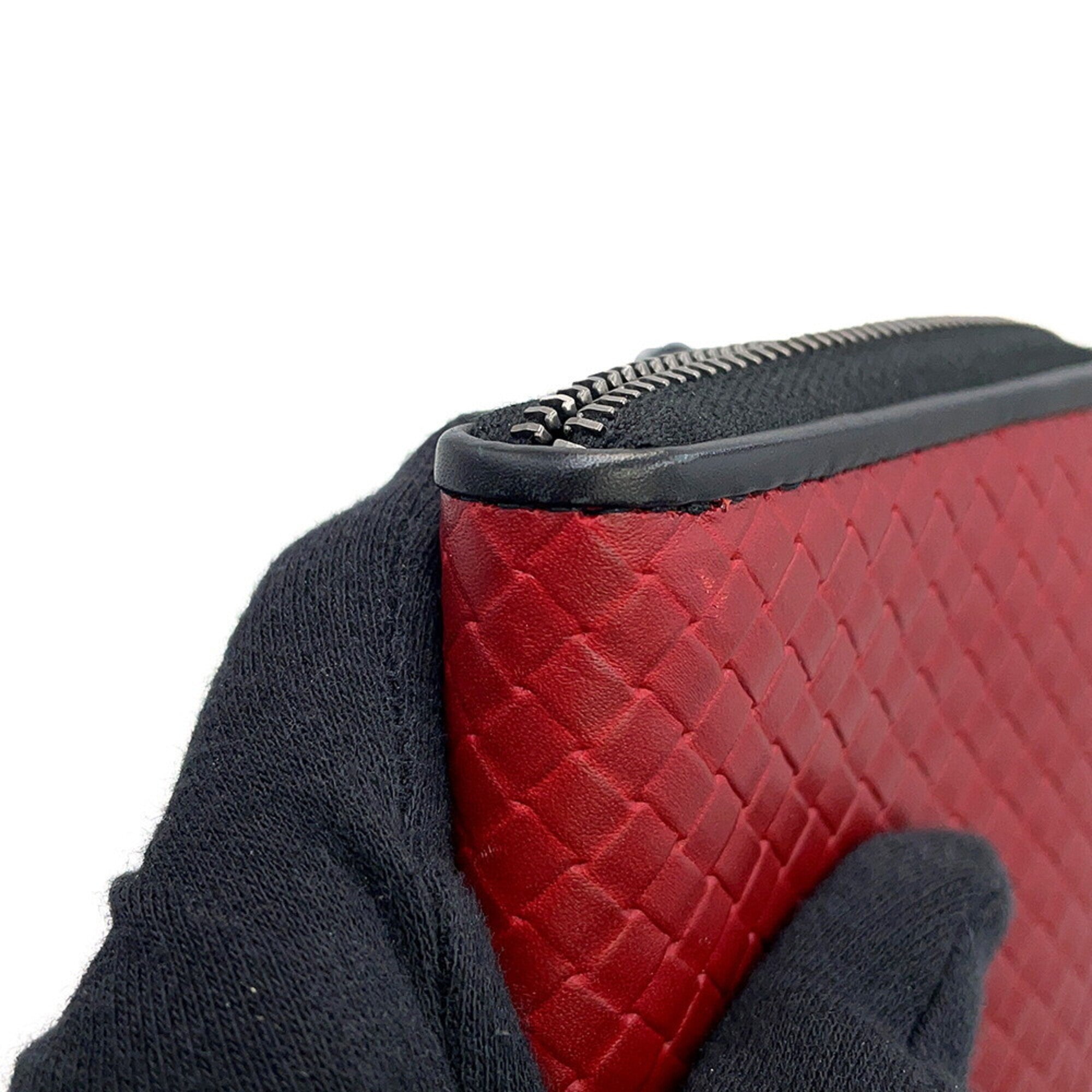 Bottega Veneta Intrecciato Gray Red Color Leather Long Wallet (Bi-Fold) (Pre-Owned)