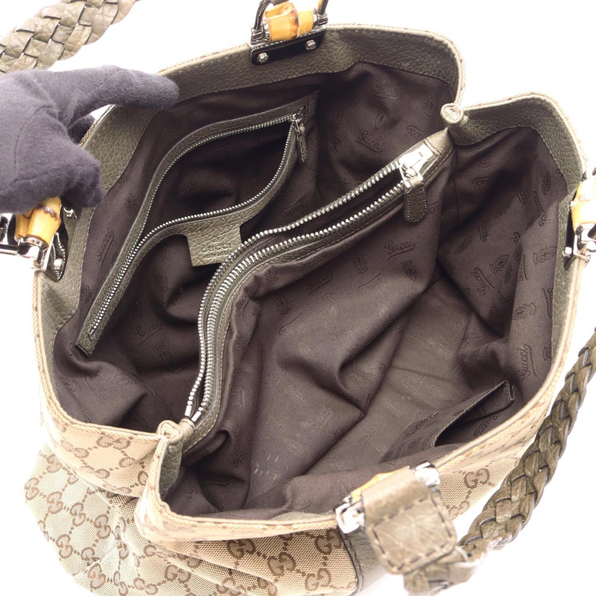 Gucci Beige Khaki Canvas Leather Handbag Tote Bag (Pre-Owned)