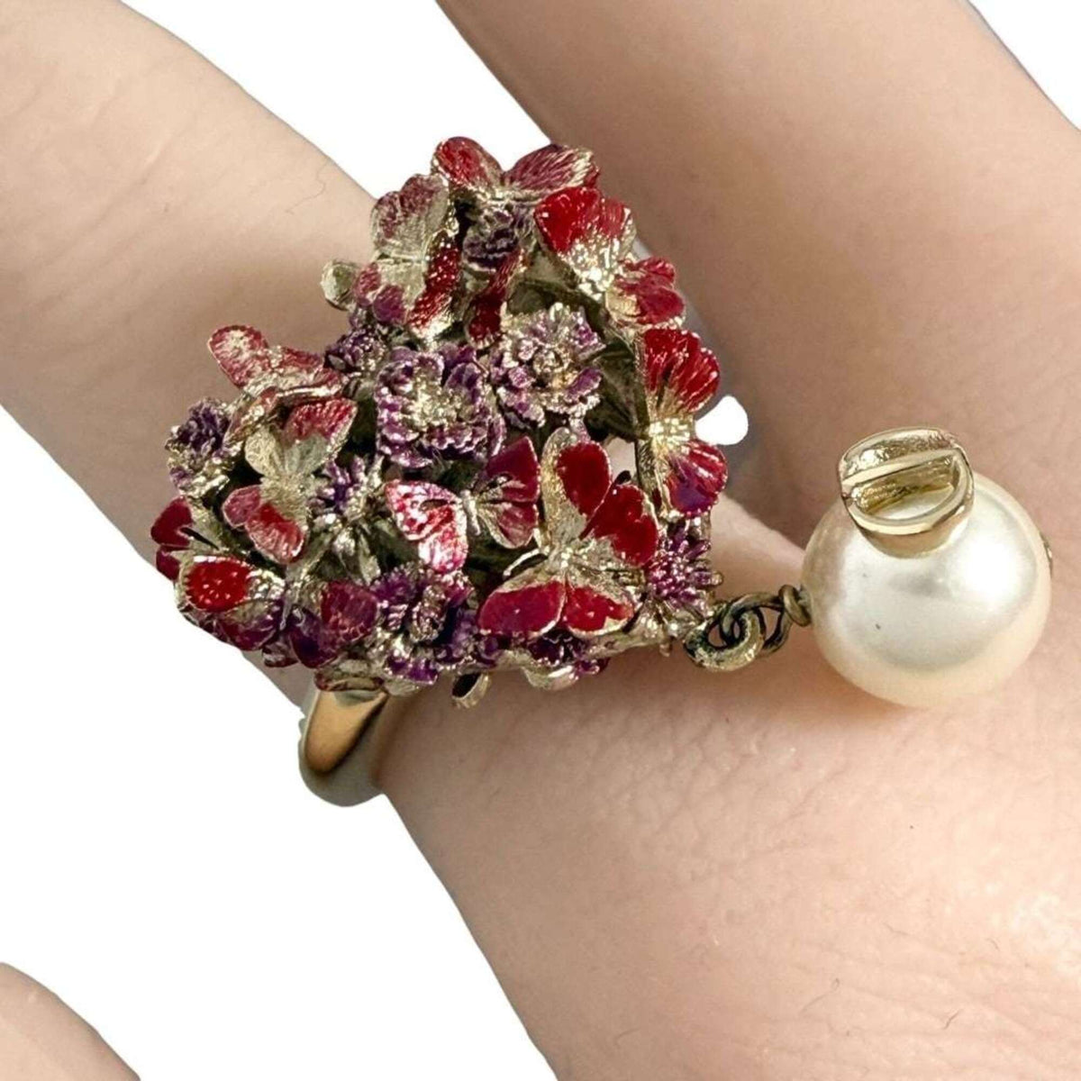 Christian Dior Artificial Pearl Metal Band Ring (Pre-Owned)