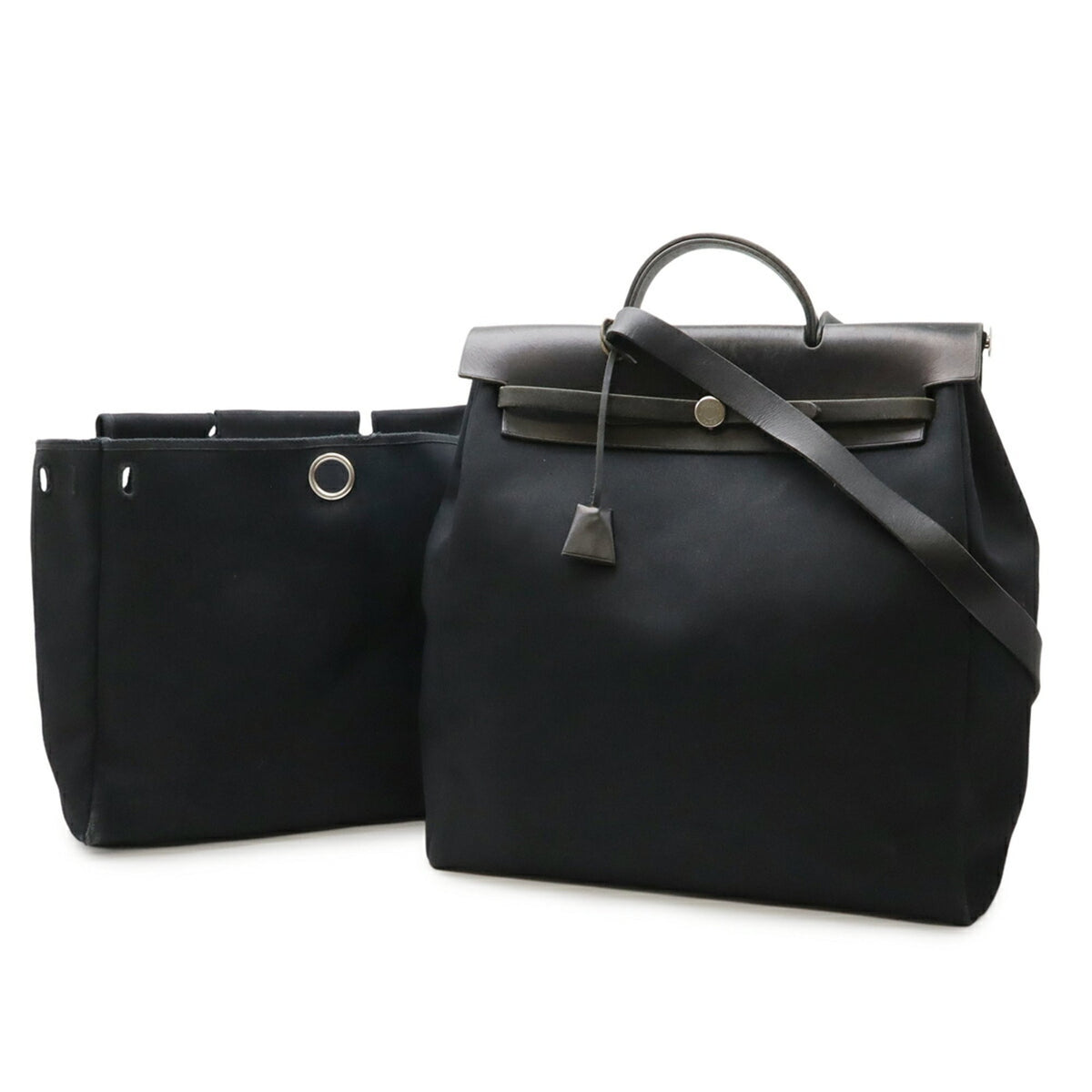 Hermes Her Bag Black Toile Officier Leather Handbag Shoulder Bag (Pre-Owned)