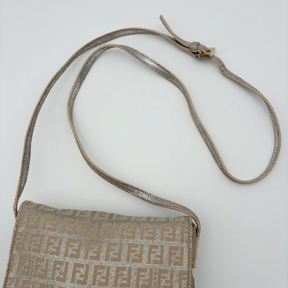 Fendi Zucchino Beige Silver Canvas Leather Pochette Shoulder Bag (Pre-Owned)