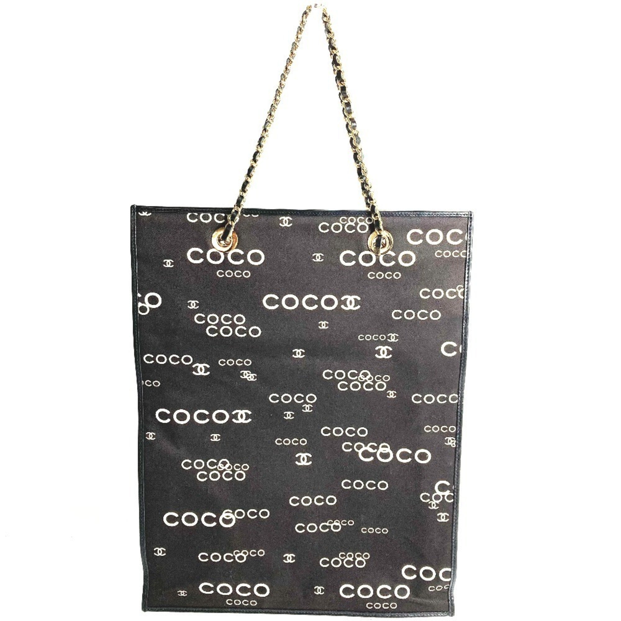 Chanel Black White Leather Canvas Shoulder Bag Tote Bag (Pre-Owned)