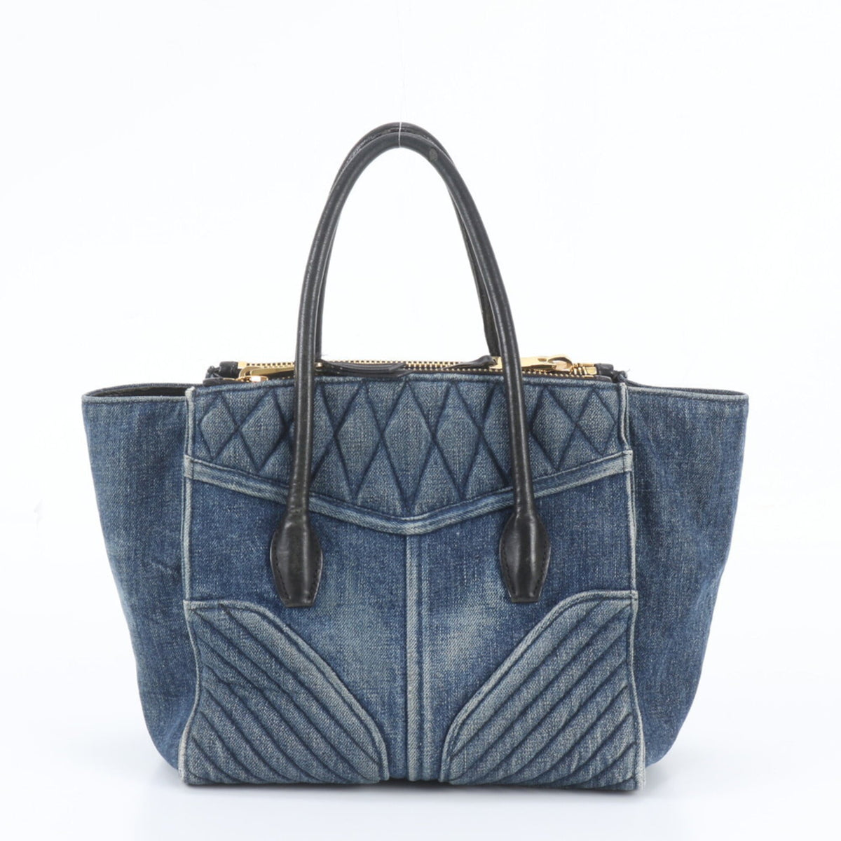 Miu Miu Black Blue Leather Canvas Shoulder Bag Tote Bag (Pre-Owned)