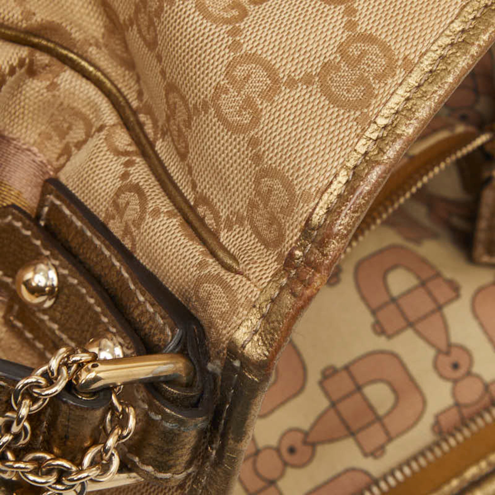 Gucci Beige Gold Pink Canvas Leather Shoulder Bag (Pre-Owned)