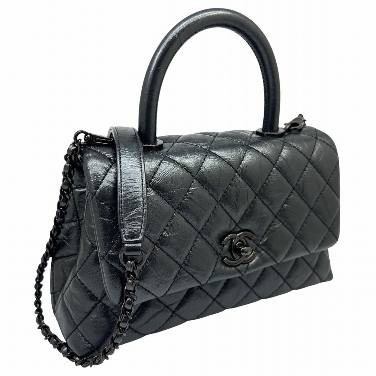 Chanel Metallic Gray Leather Handbag Shoulder Bag (Pre-Owned)