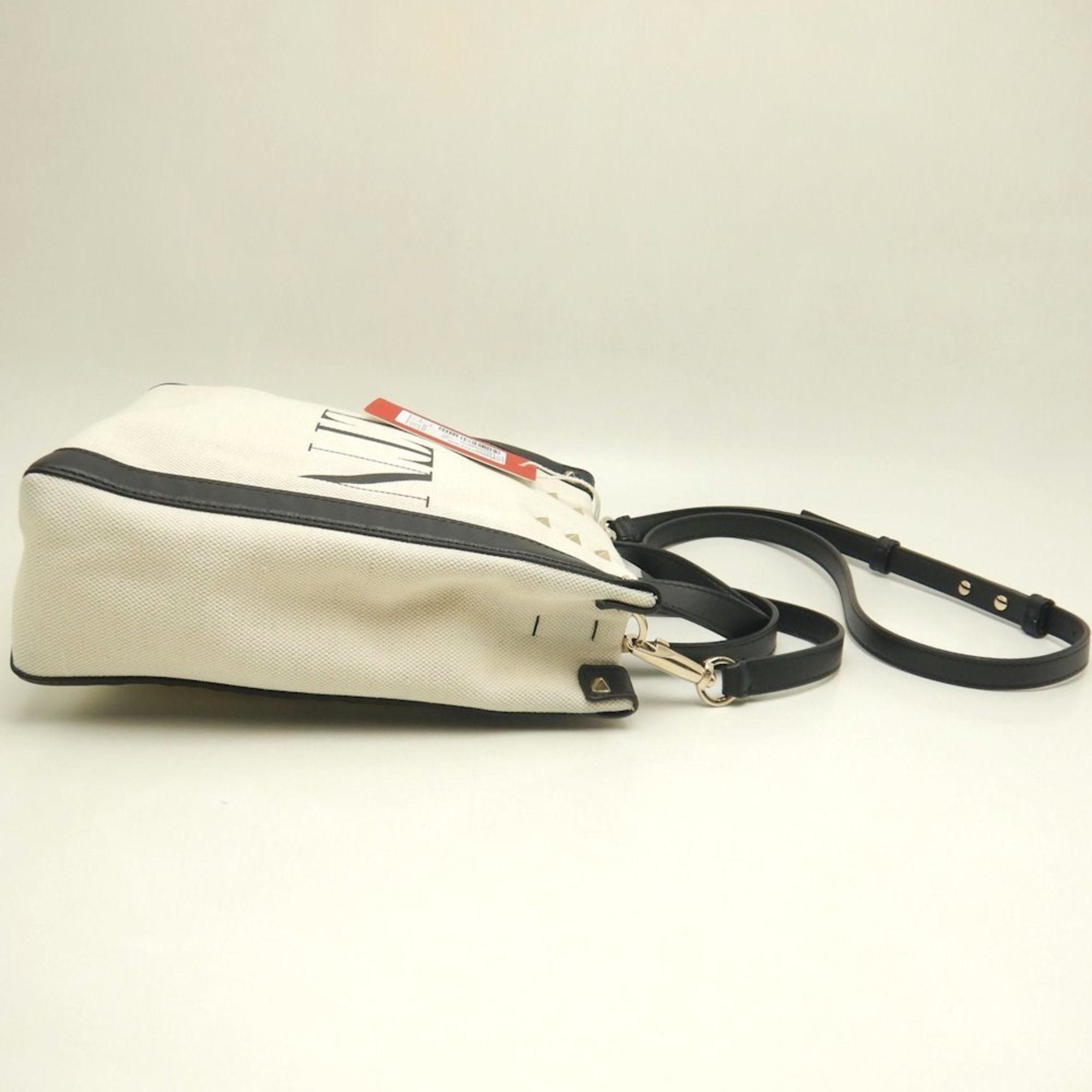 Valentino Garavani Black White Canvas Leather Tote Bag (Pre-Owned)