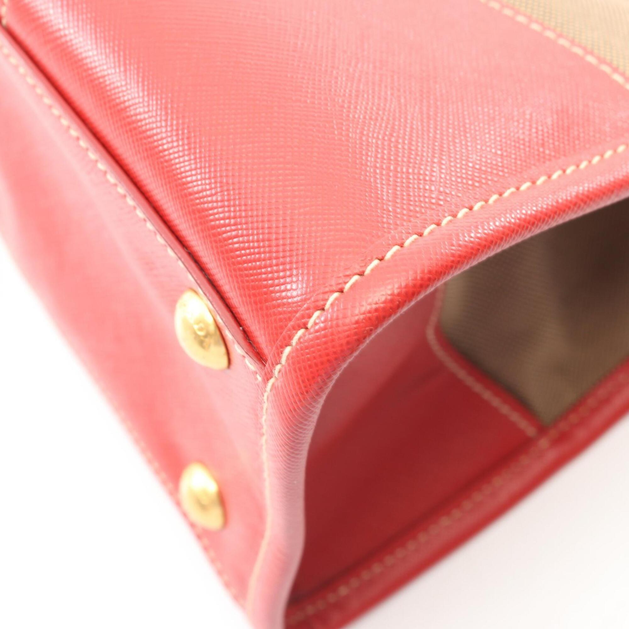 Prada Beige Red Color Canvas Leather Handbag (Pre-Owned)