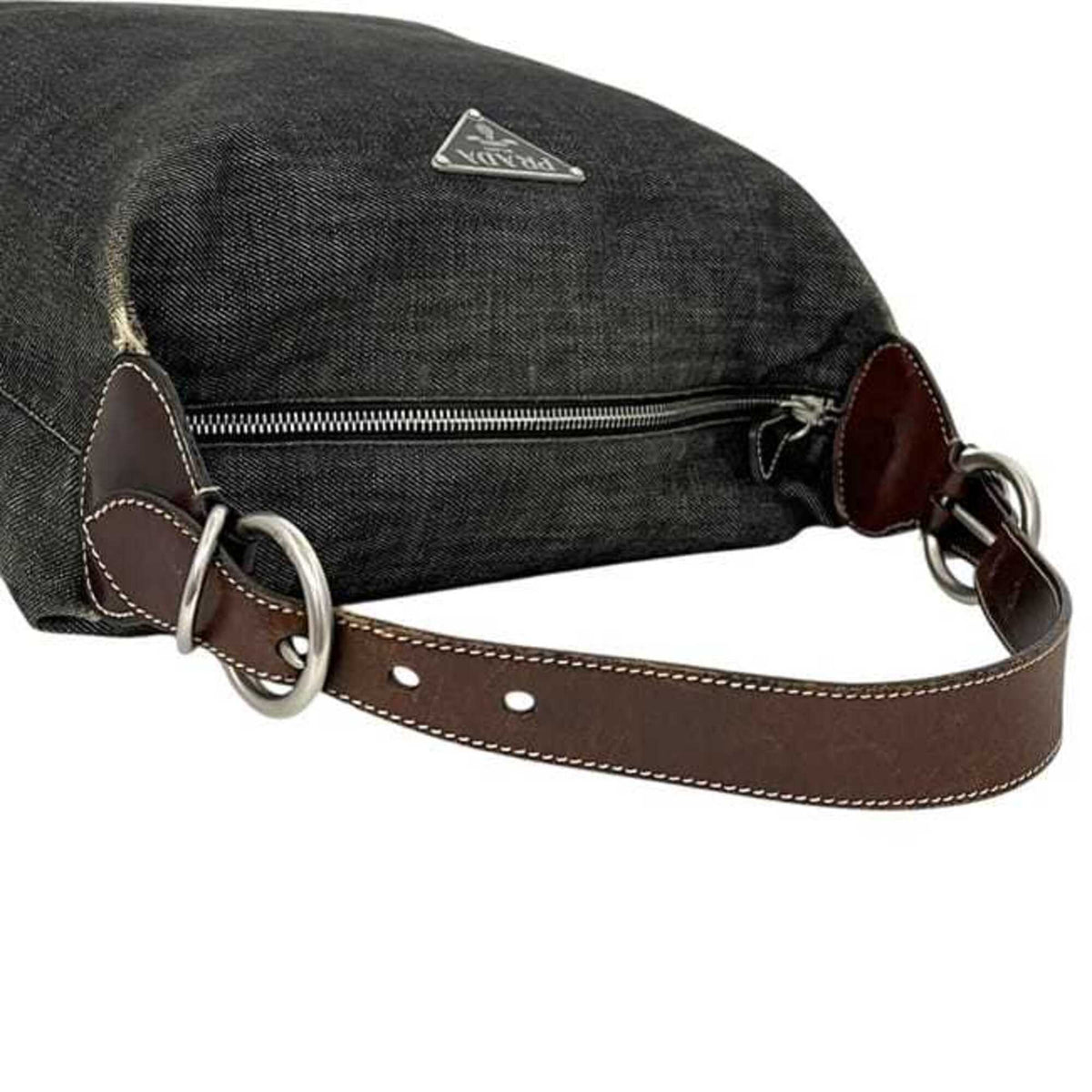 Prada Black Gray Denim Leather Shoulder Bag (Pre-Owned)
