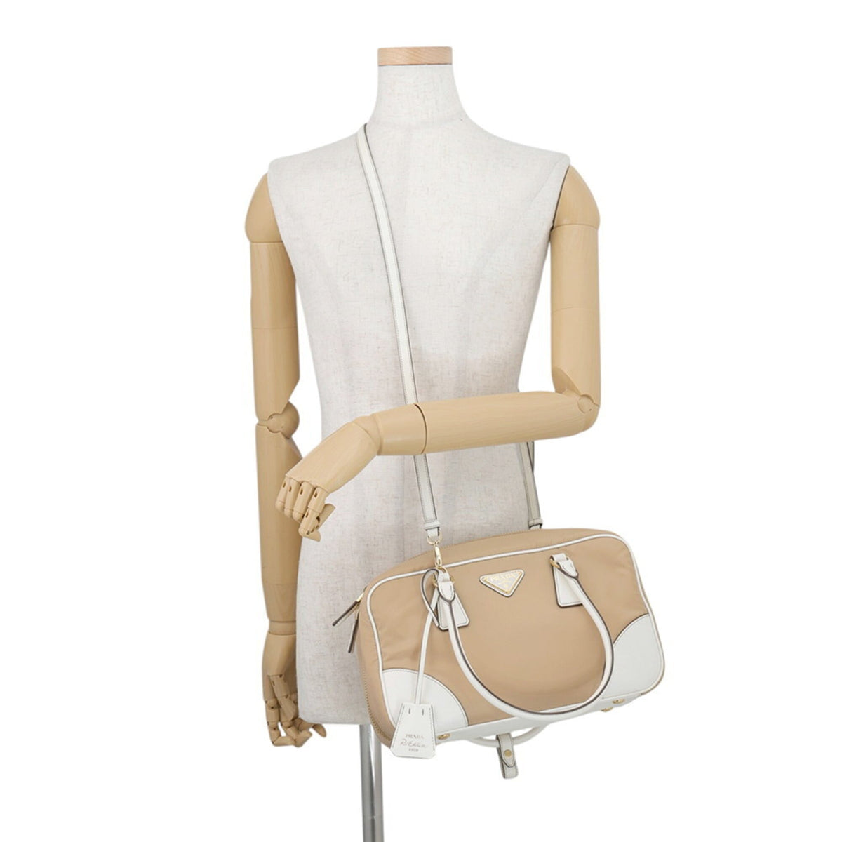 Prada Beige White Nylon Leather Handbag Shoulder Bag (Pre-Owned)