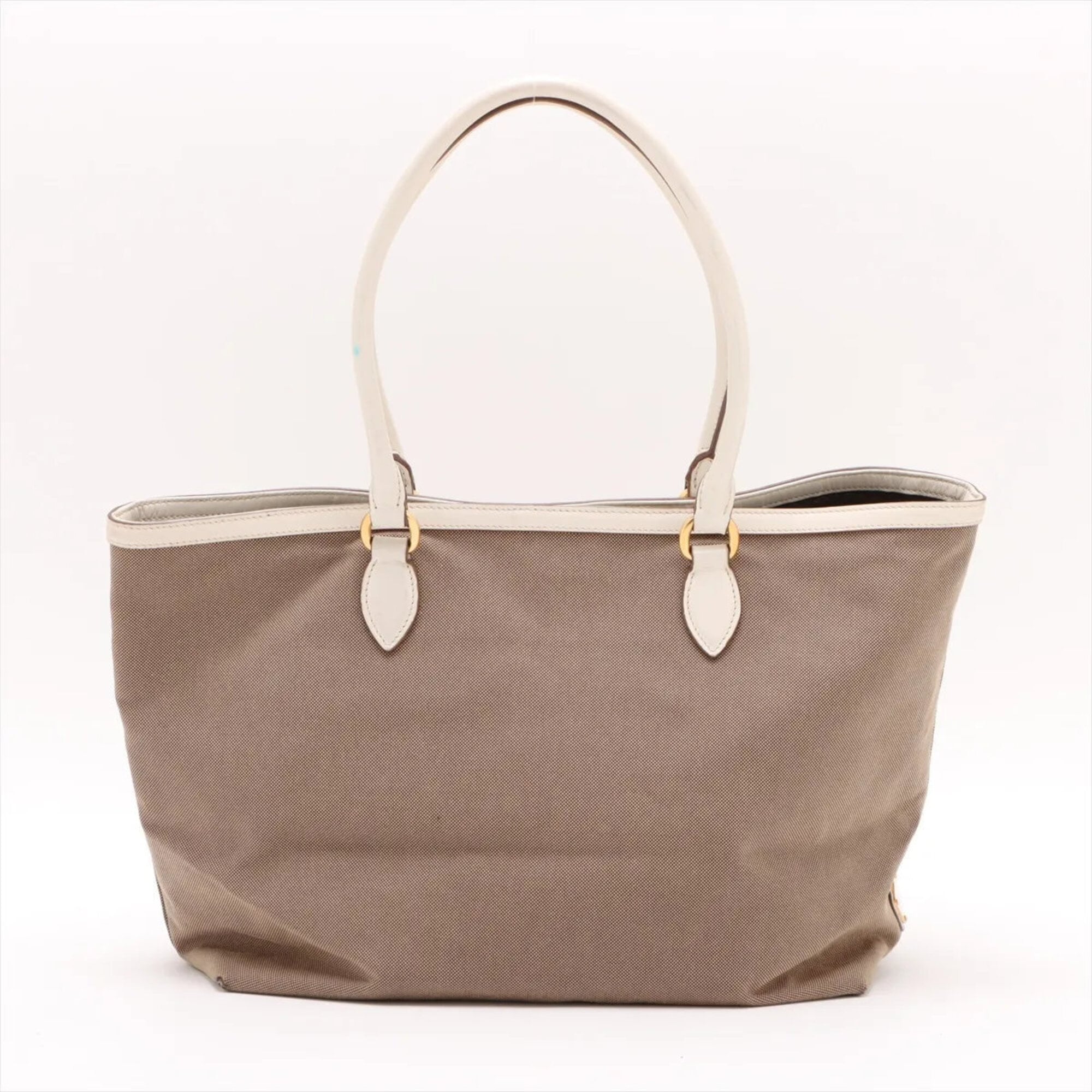 Prada Beige White Canvas Leather Handbag Tote Bag (Pre-Owned)