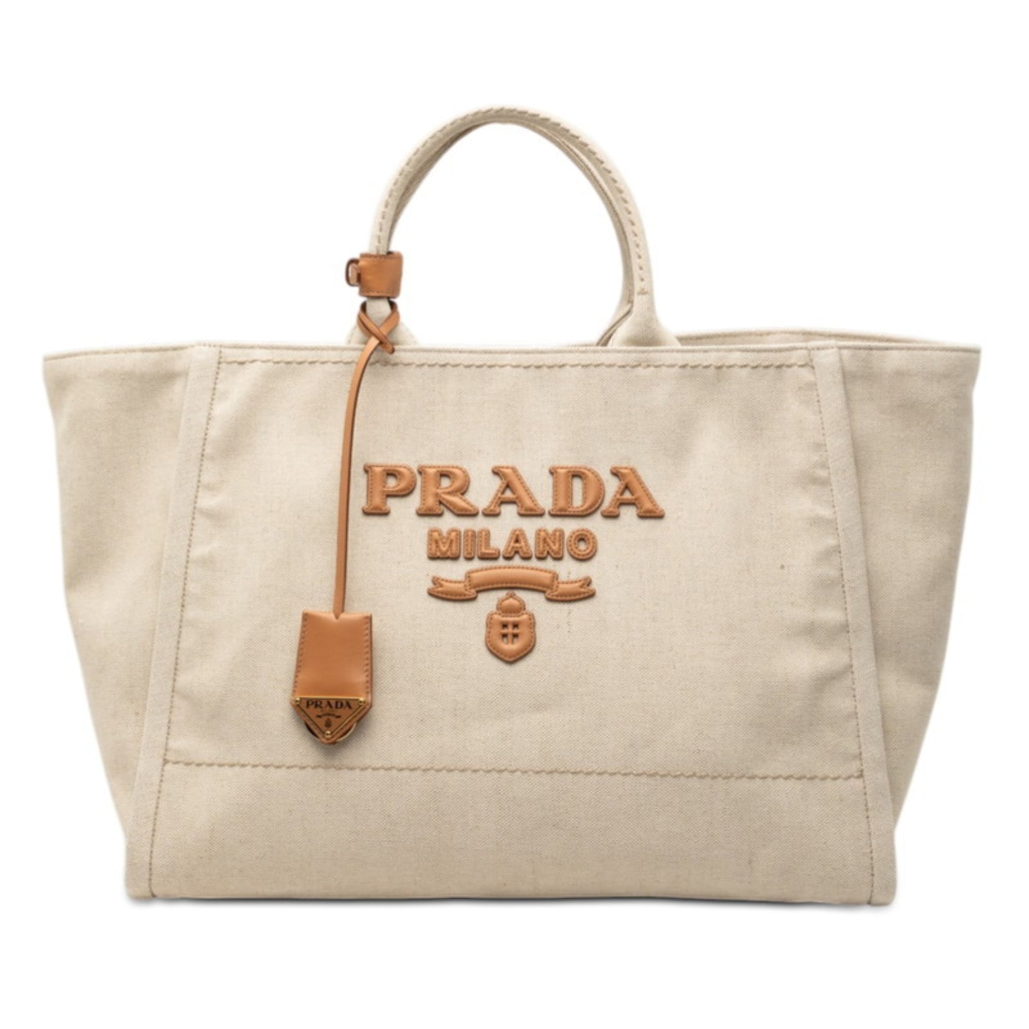 Prada Beige White Canvas Leather Tote Bag (Pre-Owned)