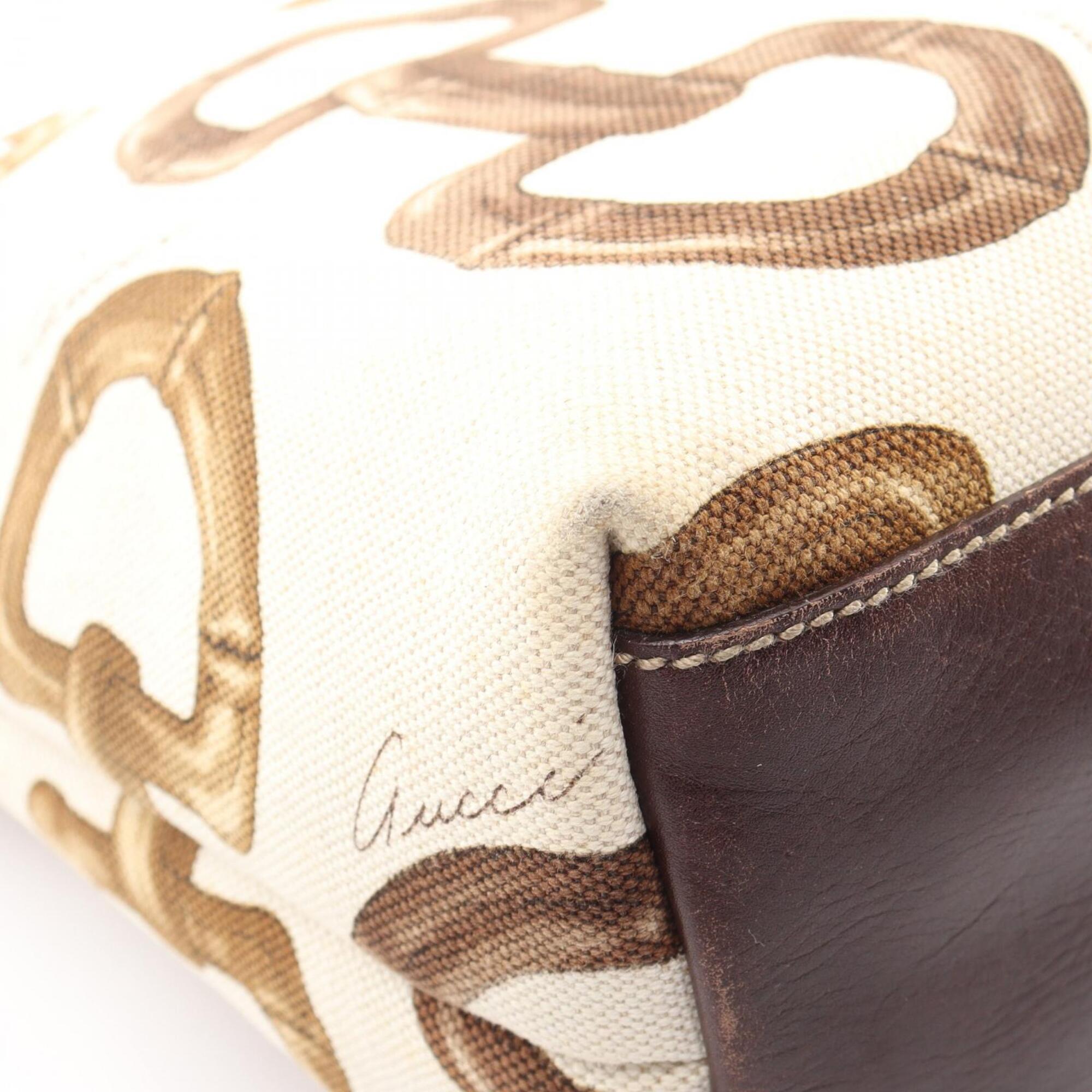 Gucci Brown White Canvas Leather Handbag Tote Bag (Pre-Owned)