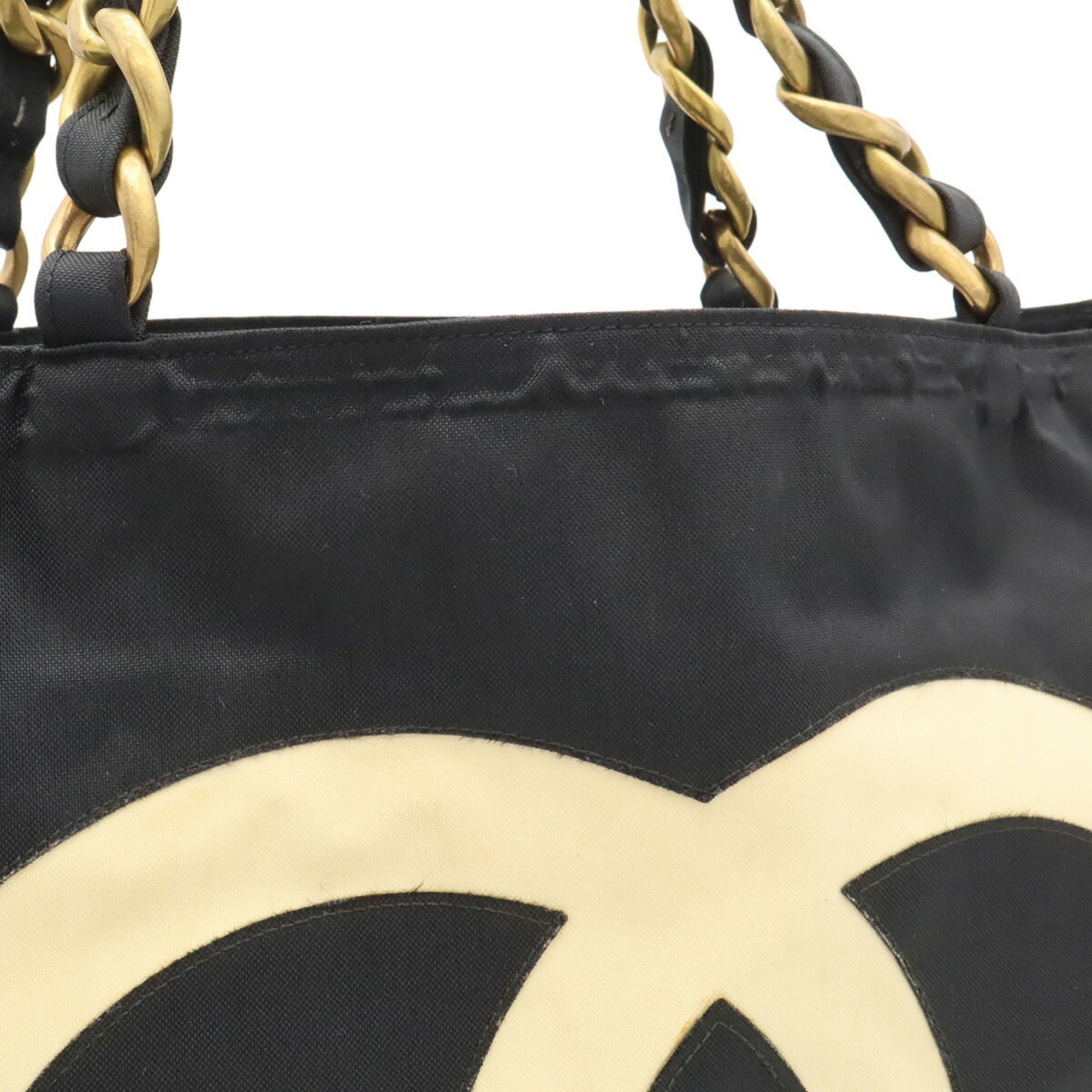 Chanel Black White Nylon Canvas Shoulder Bag Tote Bag (Pre-Owned)