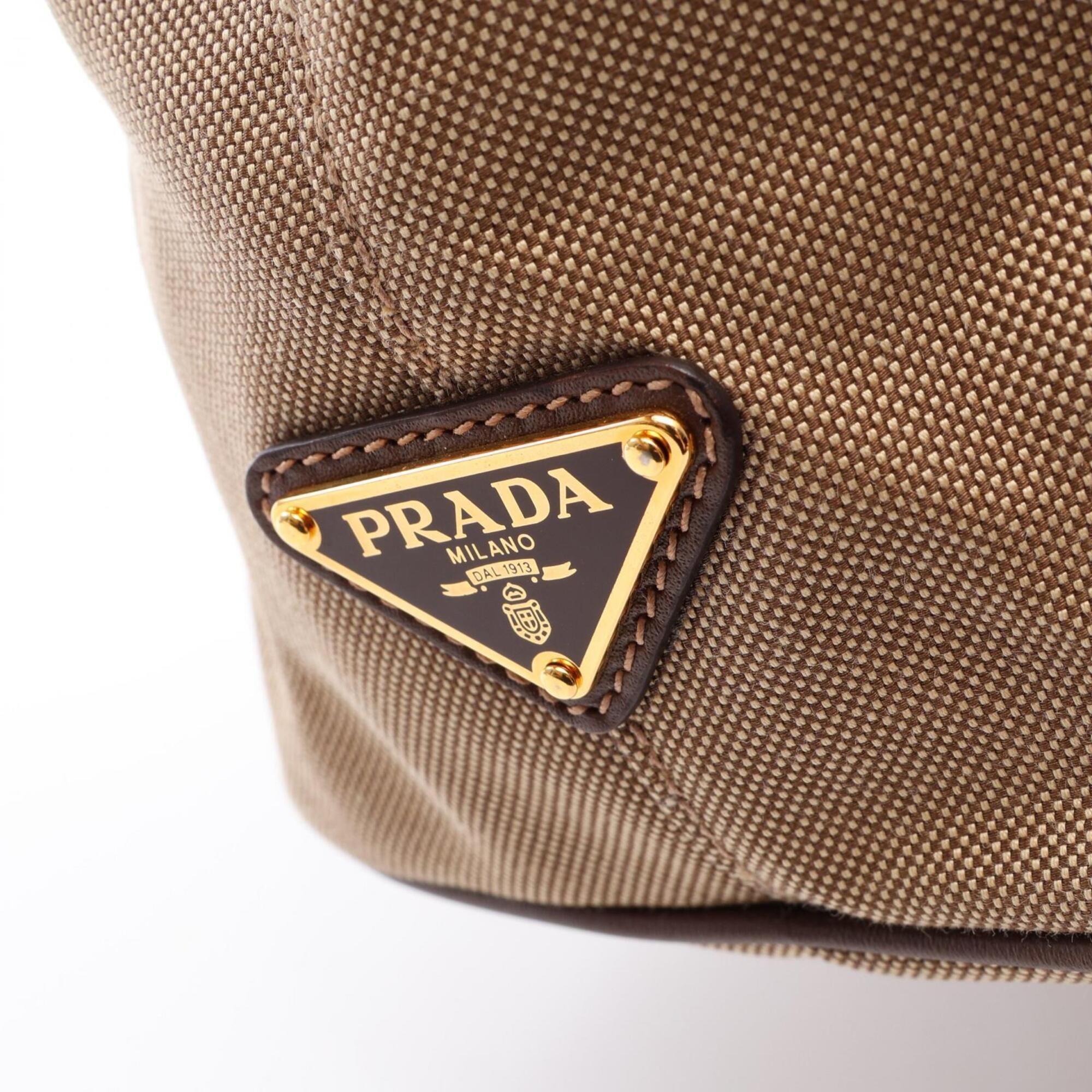 Prada Beige Brown Canvas Leather Handbag Tote Bag (Pre-Owned)