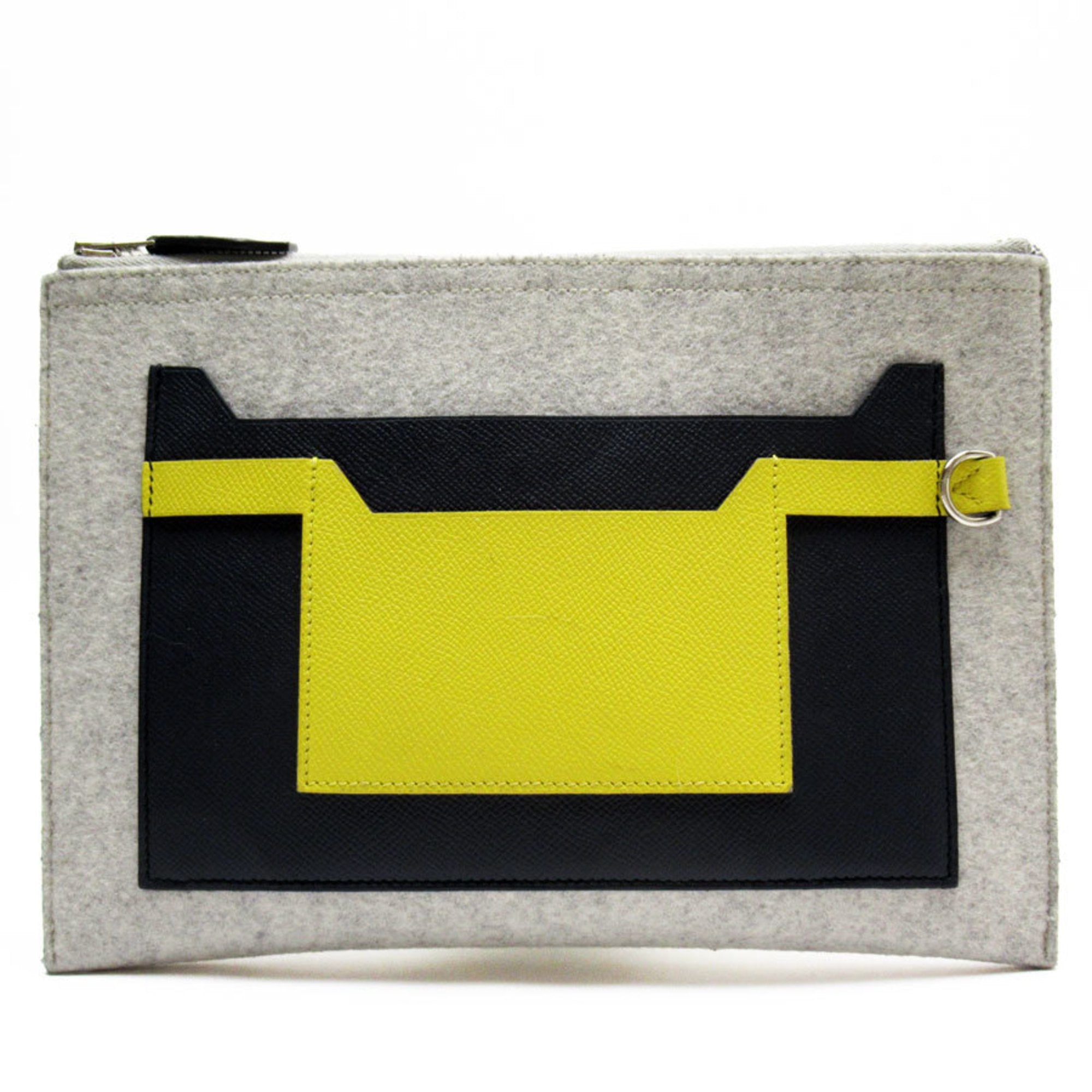 Hermes Light Gray Navy Yellow Felt Epsom Leather Clutch Bag (Pre-Owned)