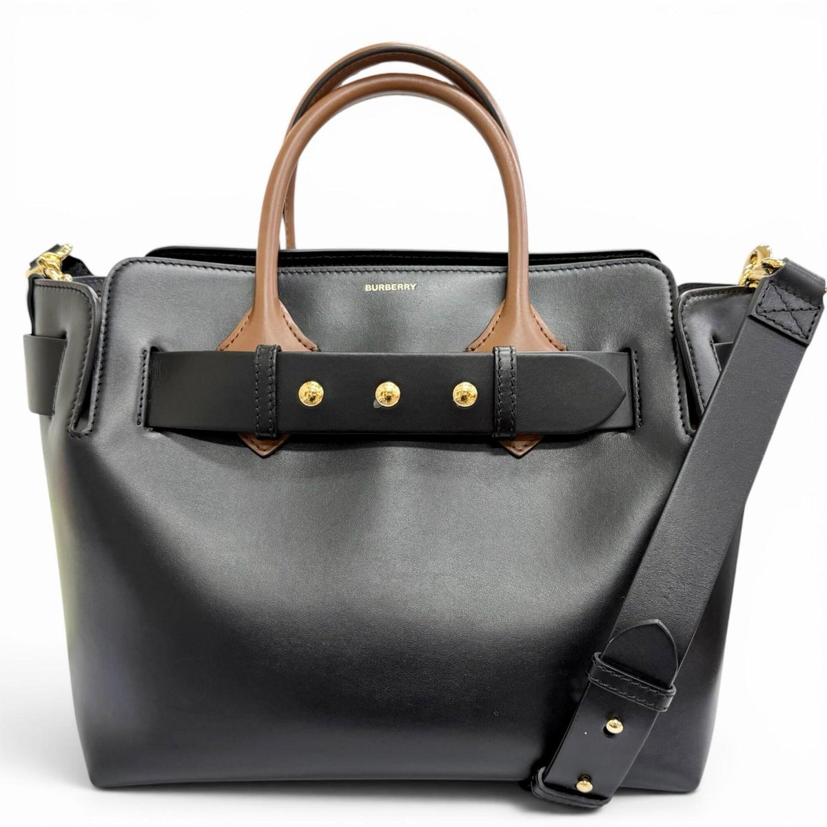 Burberry Black Brown Leather Cotton Polyester Shoulder Bag Tote Bag (Pre-Owned)