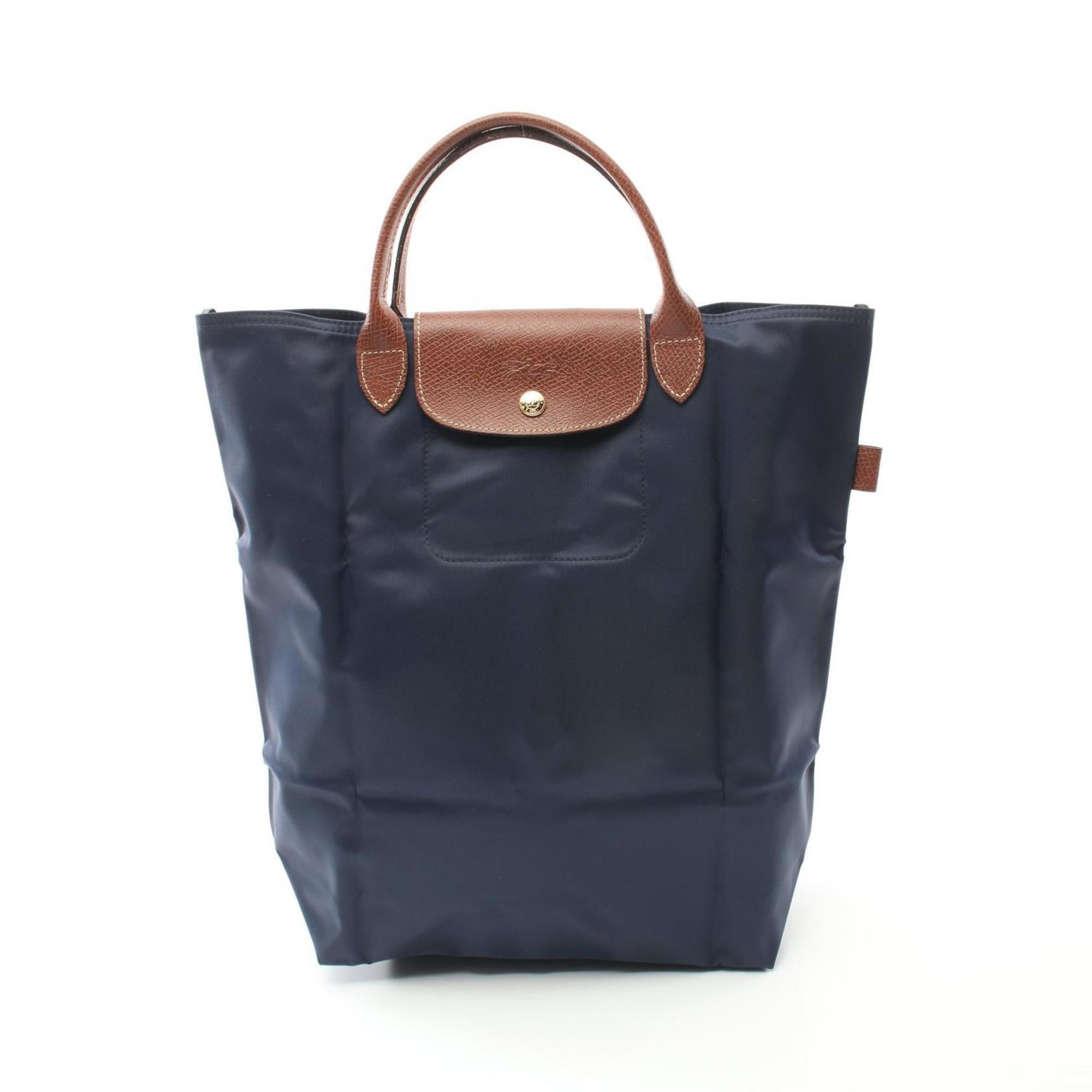Longchamp Brown Navy Nylon Leather Shopping Bag Tote Bag (Pre-Owned)
