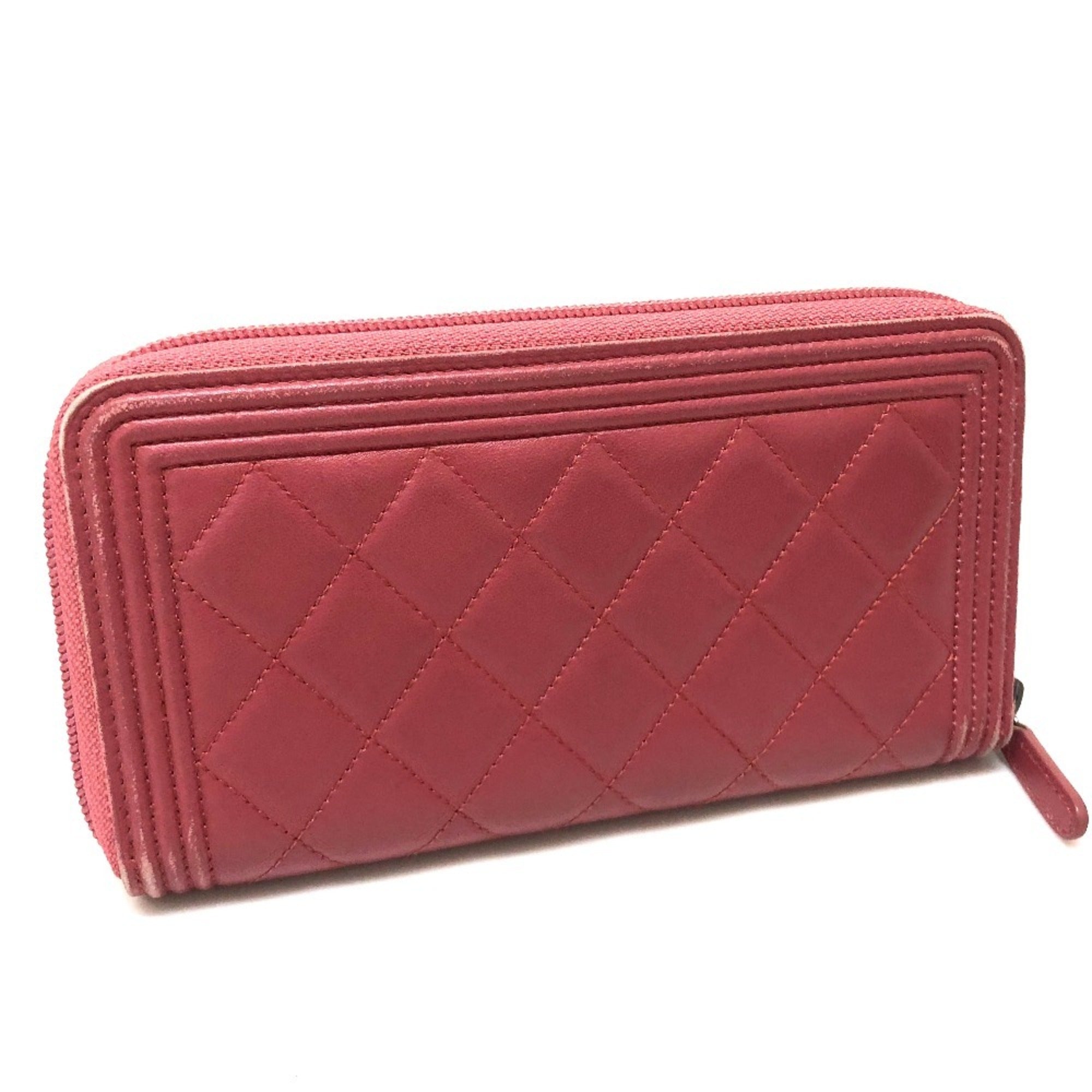 Chanel Boy Chanel Rose Pink Leather Long Wallet (Bi-Fold) (Pre-Owned)