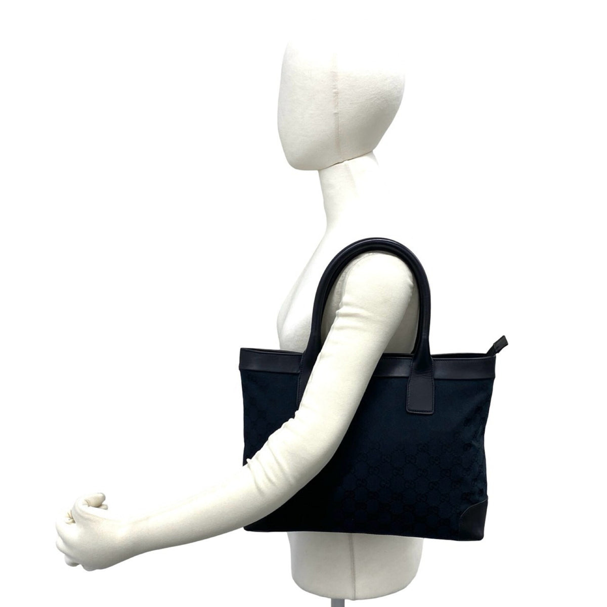Gucci Black Navy Canvas Leather Handbag Tote Bag (Pre-Owned)